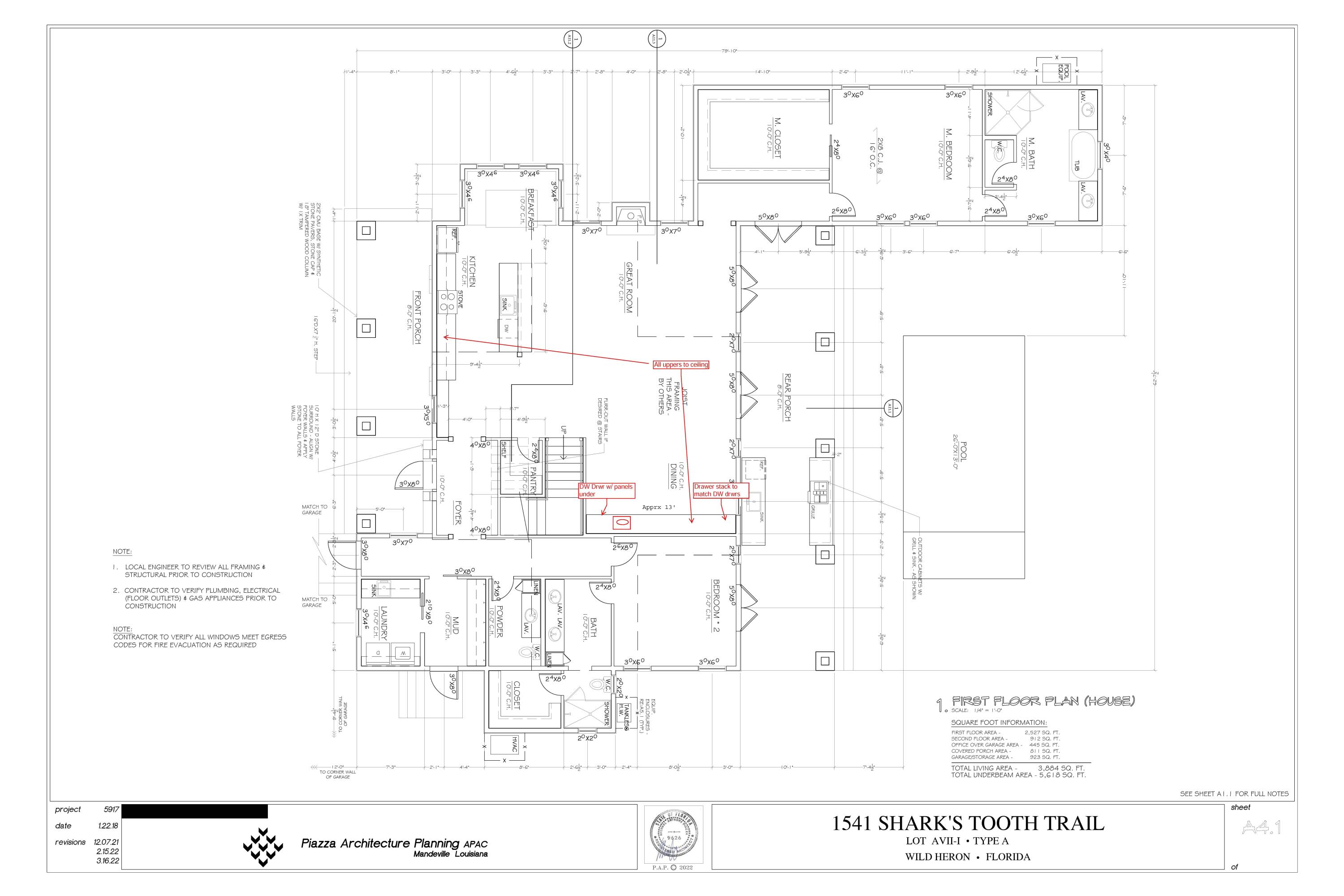 Rare Pre-construction opportunity! Home is by far 'best in class' with many atypical upgrades. Ready to break ground. Lot + ARB approved plan for a 3884 sq home with guest (carriage) home. The plans are for a 4 bed/4.5 bath home, outdoor kitchen, pool, 2 car garage/carriage house + golf cart garage. Spacious 4 bedroom/4.5 bath 3884 sq ft coastal craftsman home designed by award winning architect - Mike Piazza. Rendering to come. This home has been fully approved by Wild Heron ARB & is in permitting. Construction will begin early summer. This is a beautiful estate sized lot. Two Master Suites on the main floor set the tone for spacious living. Has semi-private formal dining, while maintaining an open plan overlooking pool & fully outfitted outdoor kitchen. Home includes detached Carriage home - built to suit. Home located on the Tee Box of stunning hole 13.