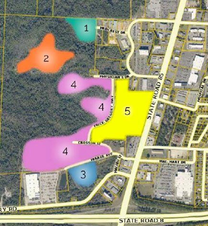 4.23+/- acre tract, which located at a transition point between a fully developed medical office park, and a predominantly undeveloped large tract, super center tract. It is isolated from much of the parent tract, by intervening wetland and bottom area, but has paved road frontage and provides enough unimpeded width by depth, such that a structure could be built, assuming proper site engineering provides for suitable erosion control and perhaps some retaining wall construction to support the downhill side of the property. The adjacent medical office park is a legally permissible use, which has met with good market acceptance, and is obviously gainfully occupied. See Flyer in documents for parcel location.