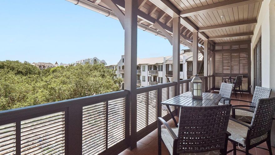 This Classy 3rd Floor Condo in the heart of Rosemary Beach Town Center overlooks  Barrett Square with panoramic views.  Designed by Dungan Nequette Architects, the spacious balcony feature flows off of the Living/Dining/Kitchen as well as the Master Bedroom. New hardwood floors run throughout this condo. The living area has modern built-ins with a flat-screen TV and the fully-equipped kitchen is open to the living and dining area. The kitchen features Viking stainless appliances, gas range, as well as white quartz counter tops. The Condo has split bedroom with the Master Suite at one end with a Bunk room adjacent to a small vestibule and the Guest Suite on the opposite side.  Enjoy the ready access to the  Town Center of Rosemary Beach with its vibrant Restaurants, entertainment and shops