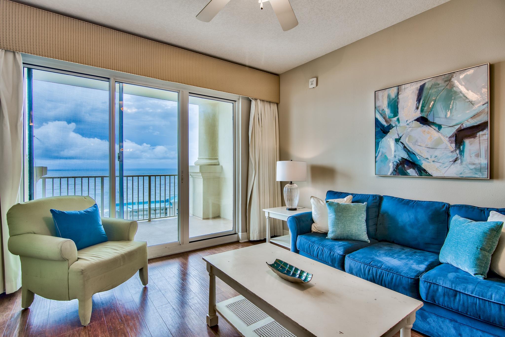 Incredible opportunity to own an upper level unit at Ariel Dunes with stunning panoramic views of the Gulf of Mexico from the 23rd floor. This is the larger 2-bedroom floor plan totaling 1,230 sq. ft. that includes a full bunk room and two baths. Beautiful vinyl plank floors extend throughout the living & dining areas with tile in the kitchen and entrance, ideal for beach living. The kitchen features granite countertops, ample cabinets & white appliances. The 9' ceilings & open floor plan give the unit a spacious feel. The living area has direct access to the balcony, a great space for entertaining and taking in the amazing Gulf views. The large windows & sliding glass door bring the stunning views inside, allowing you to enjoy them from all the common areas. Features new decor throughout!