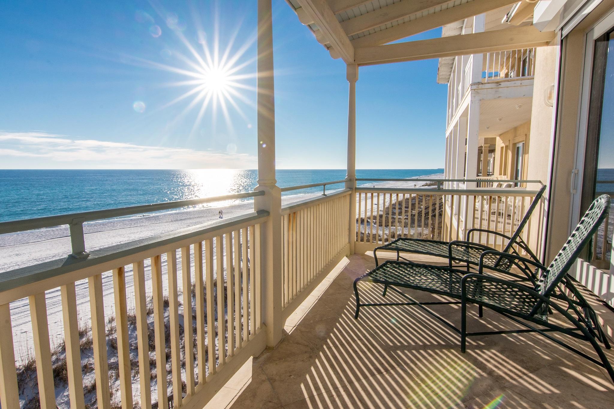 Incredible value offered in this 4 Bd/5Ba Gulf Front home which offers quality construction throughout. Owner has recently replaced/installed the metal roof, air conditioners, remote control storm shutters & trex decking on beach walkway. Designed with premium standards the interior features 10' ceilings, oak flooring, custom wood trim, satin nickel interior door locks, custom wood cabinetry, granite counter tops in kitchen. There are two Master Suites which open to the large Gulf Front porch and both Master Baths have Jacuzzi Tubs, separate showers, natural marble vanity tops and ceramic tile showers. The exterior offers construction of masonry block on a 21'' slab with rebar and foundation on 42' pilings. The quality continues with Pella Windows/Doors and private dunewalk over. There