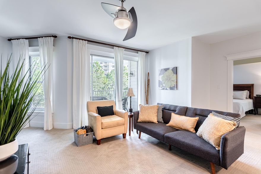 Immaculate RARE find, this 1br/2ba condo is in Lasata, the heart of The Village of Baytowne Wharf at Sandestin Golf & Beach Resort. A unique floor plan that includes a bonus area off the living room that is perfect for family/friends or a Zoom office AND enjoy extra storage with his and her closets (hers is CUSTOM BUILT WALK-IN). New appliances include refrigerator, stove/oven and microwave ... even a NEW A/C UNIT! The washer and dryer is just off the kitchen that has even more space for storage! Enjoy expansive views of the Grand Gardens and pool area from your balcony. As a Lasata owner you have access to the private Solstice Club with a kitchen and living area, and a beautiful deck for relaxing and enjoying sunsets over the Choctawhatchee Bay.