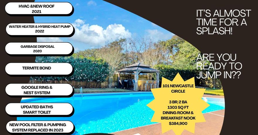 If a private backyard and poolside living are at the top of your wish list, this home delivers. Designed for outdoor enjoyment, the fully fenced backyard is a true retreat featuring a large in-ground pool, two covered gazebos for shade and entertaining, and a covered back porch perfect for lounging, dining, or hosting unforgettable summer gatherings. Mature camellia shrubs create a lush, private setting that feels like your own personal resort.Inside, this charming Mediterranean-style 3 bedroom, 2 bath home offers comfort and functionality with a kitchen and breakfast nook overlooking the outdoor space, plus a separate dining room for entertaining. The living area is anchored by a gas fireplace, adding warmth and character, while tasteful updates throughout the kitchen and baths  enhance everyday living. 

Major improvements add peace of mind so you can focus on enjoying the pool lifestyle: new microwave(2022), new roof (2021), HVAC (2021), garbage disposal (2020), new pool pump and filter (2023), and a smart hybrid electric water heater (2023). Additional features include a Ring doorbell and a transferable termite bond through Florida Pest Control.
This home is all about relaxation, entertaining, and making the most of outdoor living...a rare opportunity for buyers who want a backyard that truly steals the show.