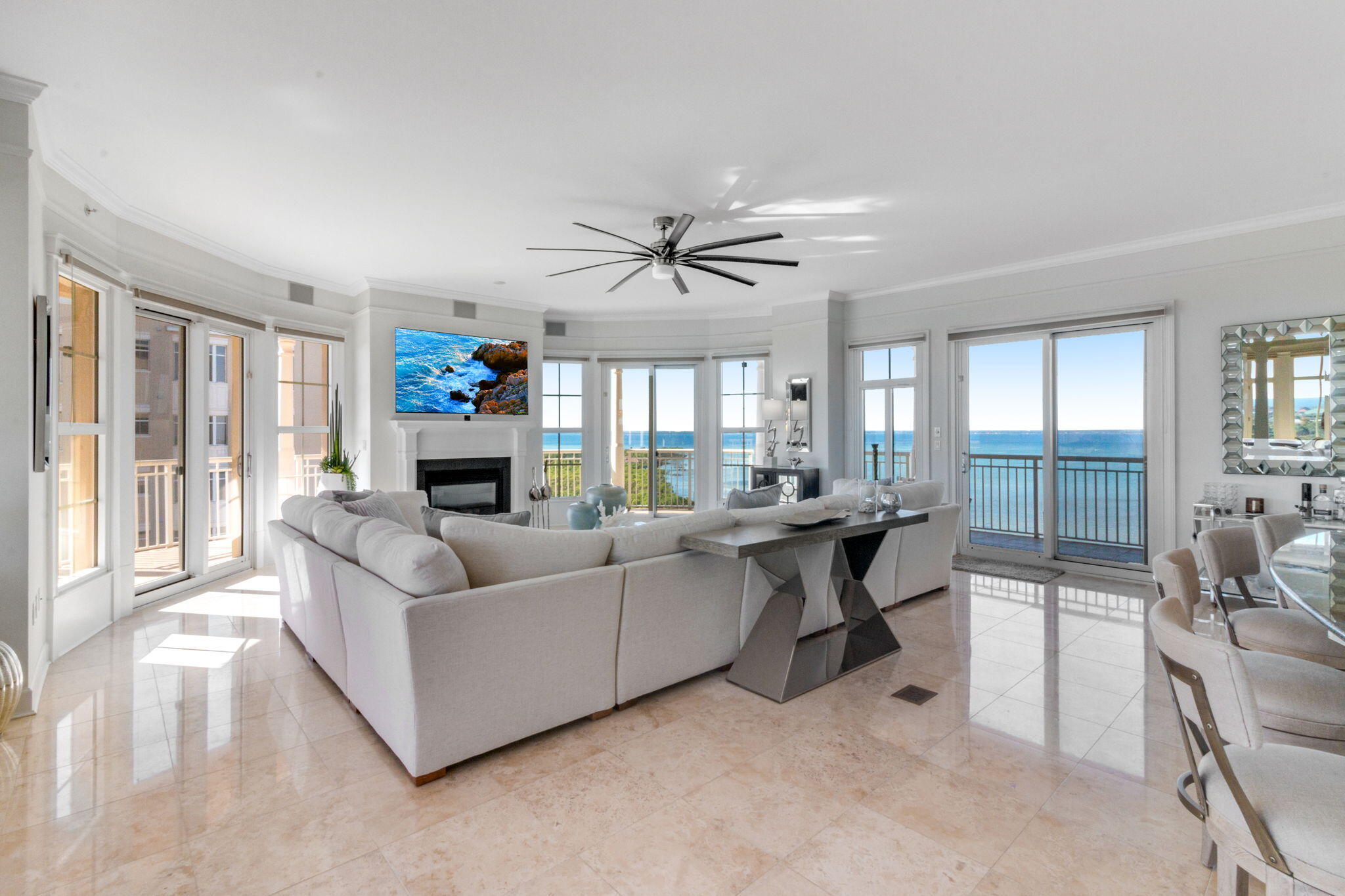 Experience the pinnacle of luxury living at Kelly Plantation's One Water Place, where this condo fosters an exceptional lifestyle. With panoramic views of the Kelly Plantation Golf Course 4th hole, Choctawhatchee Bay, Gulf of Mexico, and the Destin area, this incredible  condo sets the stage for a life of elegance and convenience.This 3-bedroom, 3.5-bath unit features travertine floors in the living areas and plush carpeting in the bedrooms. Breathtaking views grace every room, enhancing every moment of luxury living. Refined light fixtures, treyed and raised ceilings, crown molding, and columns add an elevated air of sophistication to the space.The open living areas coupled with the encompassing terrace make it the perfect place to entertain or MORE...