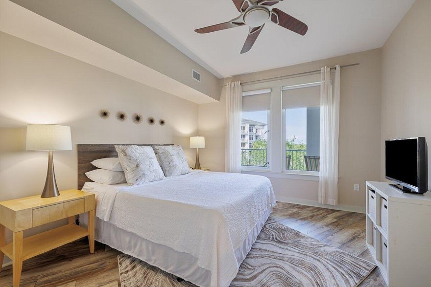 Come and see the Gorgeous views from the coveted top floor of the Bahia building.  A Spacious and light filled space with soaring ceilings and a wall of windows.  Stunning LVP flooring, granite countertops and private balcony. Refreshed in 2022 with stylish coastal decor. Located near entertainment, shopping and dining in The Village of Baytowne Wharf, this condo is ideally located for a vacation rental or 2nd home.  Huge income potential for this active vacation rental.