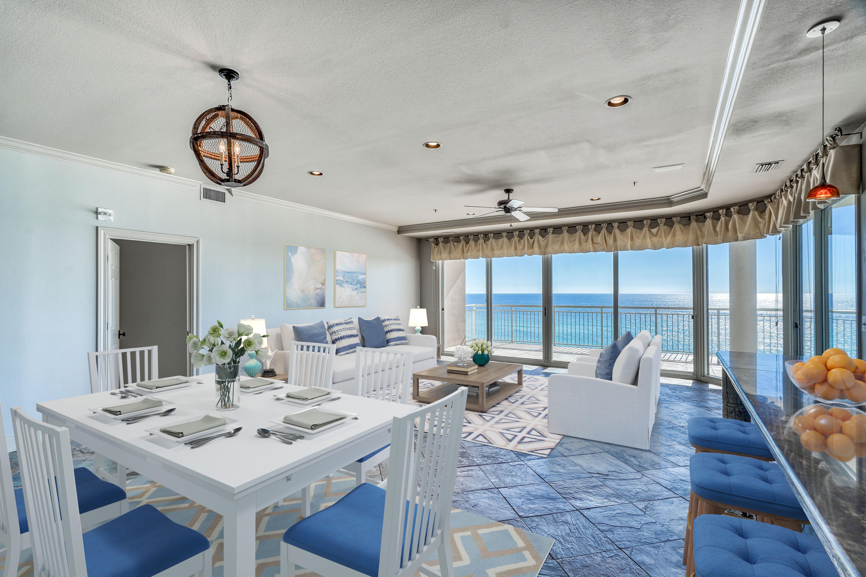 Enjoy these 180 degree views right from your living room couch! This exclusive non-rental building located in Hidden Dunes Grand Villas is your home away from home. This unit has plenty of room for your family and friends and is ready for you to put your own personal touch to it! The master bedroom is on the east side, private from the other two bedrooms.All three bedrooms have their own private bath. Other features include outdoor gas grill( a rarity in this area), a convenient pass through for food & beverages from the kitchen to the balcony,large laundry room, garage parking, a pantry, plenty of closets, Renovated lobby/common areas, gym, private pool/ hot tub, large sun deck, beach showers, outdoor dining and high bar plus lush landscaping througout the resort. 27 acres in this Gulf front resort with 6 lighted rubico tennis courts with Tennis Pro and professional staff, seasonal tram service, 24 hr. security, lighted basketball court , 4 pools, bbq grills, reflecting pools with flowing fountains and convenient to all the best shopping, dining, golf and spas the Emerald Coast is famous for. Grand Villas is gated with parking,