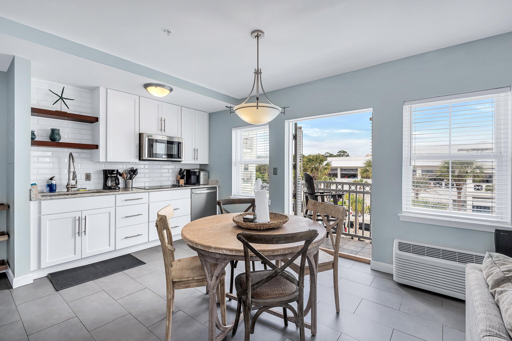 Coastal chic with TWO gulf view balconies! This modern 1BR/1BA condo in Gulf Place Town Center East is beautifully appointed, updated, and ready for new owners. Located on the third floor with elevator access, find bright, welcoming spaces with low maintenance finishes such as tile flooring in the open concept living and dining area, granite counters and a subway tile backsplash in the kitchenette, and a stylish tiled bathroom. The bedroom easily accommodates a king-size bed and includes a private balcony. The premier location of this residence allows for a carefree lifestyle with the beach, shopping, dining, and activities all mere steps away! Enjoy sunrises and sunsets from the deeded beach access, coffee at Sunrise Coffee just downstairs, and meals at local favorite hotspots such as Shunk Gulley, Perfect Pig, and Shelby's. Both the 30A bicycle path and the Longleaf Pine Greenway trail through the Point Washington State Forest are easily accessed for two-wheel adventures.
A popular destination for both tourists and residents, Gulf Place offers deeded beach access, three community swimming pools, tennis courts, walking trails, shuffleboard, corn hole, grilling stations, an amphitheater, a laundry facility, and on-site restaurants and shops. Located on the West end Scenic Highway 30A, it is an ideal location for enjoying all that the South Walton area has to offer.