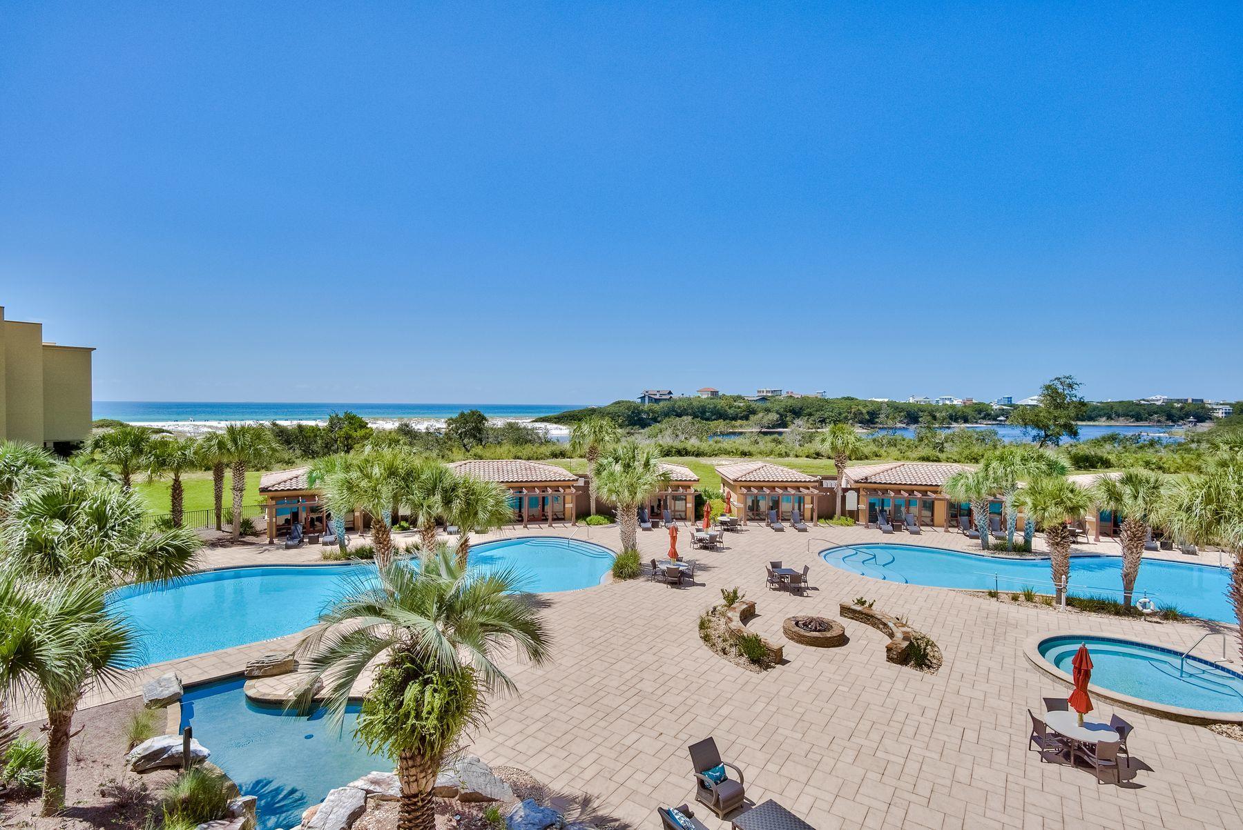 Offering an ideal location in Blue Mountain Beach, this luxury resort condo provides 3,451 square feet of living space, elegant finishes, and desirable on-site amenities. With unparalleled facilities, features and comforts, this well-maintained condo has been refreshed with new paint, updated light fixtures, and new stone work in the main living area, bar counter and kitchen. This sprawling, single-level unit offers plenty of room as a primary or secondary residence with four bedrooms, a dedicated media room with a surround sound system, and office space. Two bedrooms are large enough to be owner's suites, and one features a luxurious spa with Whirlpool bathtub and ceiling-to-floor stone steam shower. Prepare meals in a gourmet kitchen with Viking appliances and granite countertops.