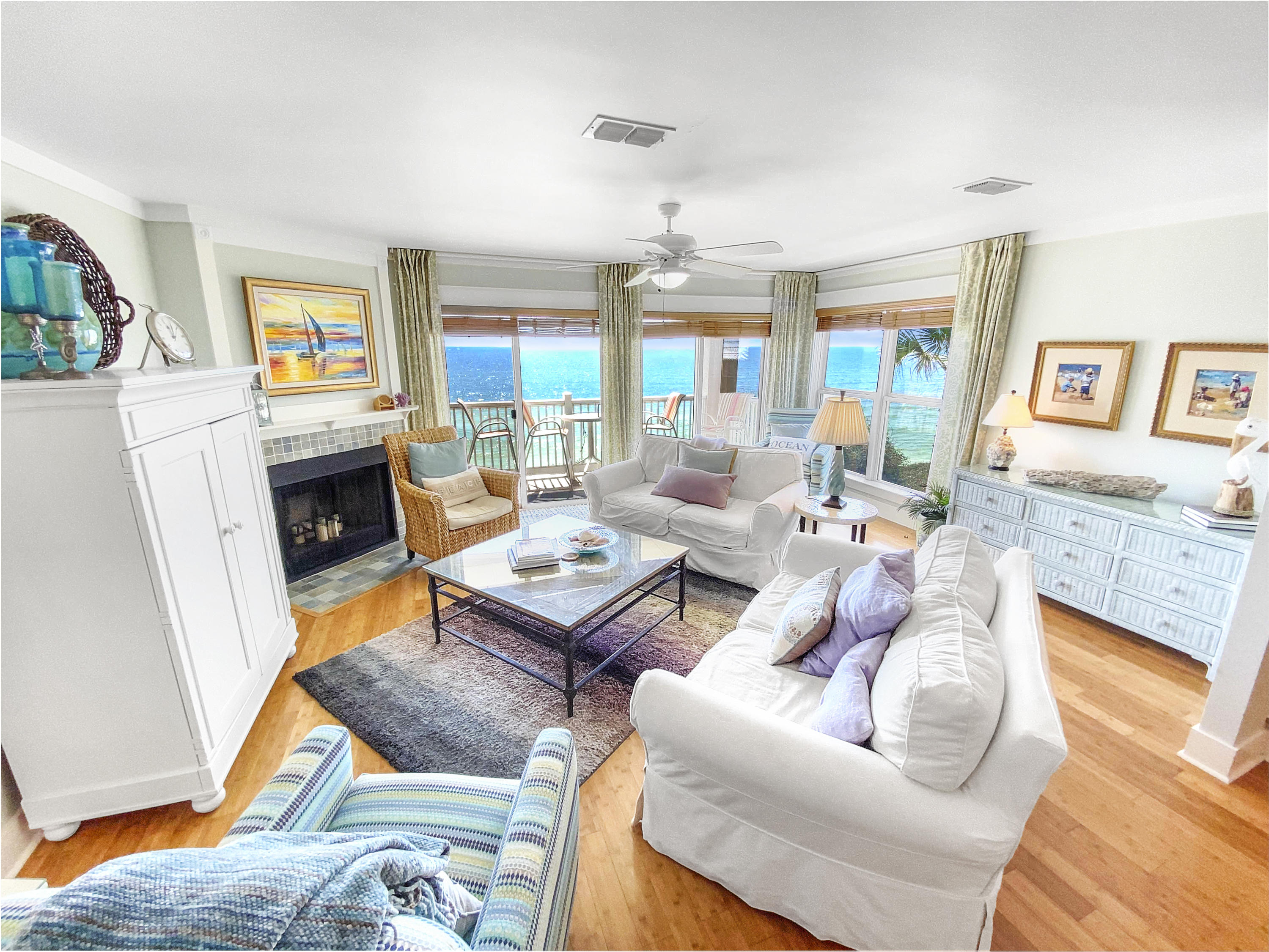 Perfectly positioned between Camp Creek Lake and Alys Beach resides Unit 9B in the sought after low-destiny complex of Blue Tide. Aptly named ''Sea You Again,'' the three-level floor plan incorporates over 1,650 square feet of thoughtfully designed living space centered around the breathtaking views of the white sugar sand and turquoise hued waters. The main level is home to the living, kitchen, and dining room areas along with a dedicated full bathroom. Enjoy chilled wine from the wet bar wine refrigerator located off the updated kitchen which features stainless appliances and an oversized breakfast bar. The kitchen coupled with the spacious balcony is perfect for a night of cooking and socializing with the whole family.
