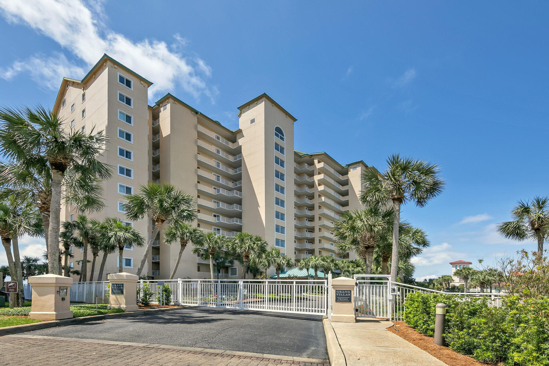 Large 4 bedroom 4 bath non rental gulf front condo. This west end 50 stack condo has a spacious split floor plan, an open living area, tall ceilings and a oversized wrap around balcony with a gas outdoor grill. Excellent views, Gulf front private pool and spa, Beach service. Amenities include underground parking, fitness center and a large community room. This is a rare opportunity! Grand Villas rarely come up for sale. Hidden Dunes is a 27 acre beach front property that also includes a professionally staffed tennis center, tram service, lighted basketball court , 4 pools within the community, BBQ grills, 24 hour security. All dimensions to be verified by Buyers. Offered furnished. Art and china excluded