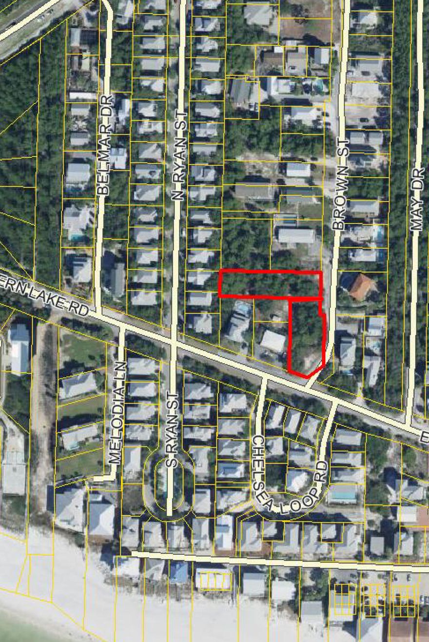 South of 30-A on the corner of Eastern Lake Rd. and Brown St. The original half acre flag shaped lot is in the final stages of being split into two lots. Lot #1 is the Northern most section. This lot has plenty of room for a nice home and pool. Possible gulf views from a multi-story home. Enjoy close proximity to the beach in this quiet neighborhood with NO HOA Fees or Build-Out Time. Two Beach accesses within easy walking distance, one being the popular Eastern Lake Beach Access. As Always Buyer to verify dimensions and information.