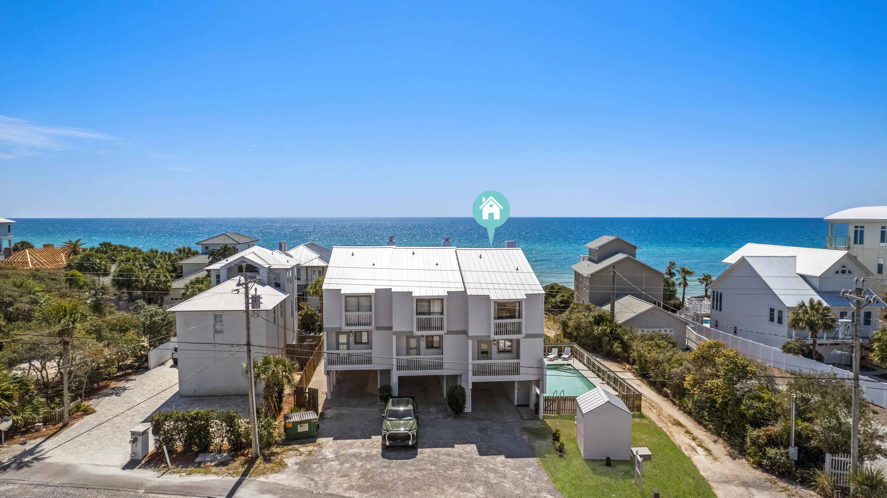 Almost Alys, RARE Townhome on the Gulf Front! Perfectly located in sought-after Seacrest Beach, conveniently next to Alys Beach, Rosemary Beach, and Watersound Parkway along the highly desirable scenic Highway 30A. Unit 8, 8896 E County Hwy 30A underwent a complete gut renovation inside to feature two king suites with board & batten walls, & coffered ceilings. 2nd master suite features a custom Murphy Bed. Lots of detail throughout and commercial grade LVP flooring. All new kitchen w/ quartz countertops, new furniture and custom black out drapes which complete a timeless coastal style. Building has all new ROOF, Hardi-Plank siding, trim, paint, & gutters. 182 FT of DEEDED Beach Access. All new plumbing, electrical and more! Fabulous rental, ACTUALS available, 5-star rated on AIRBNB & VRBO