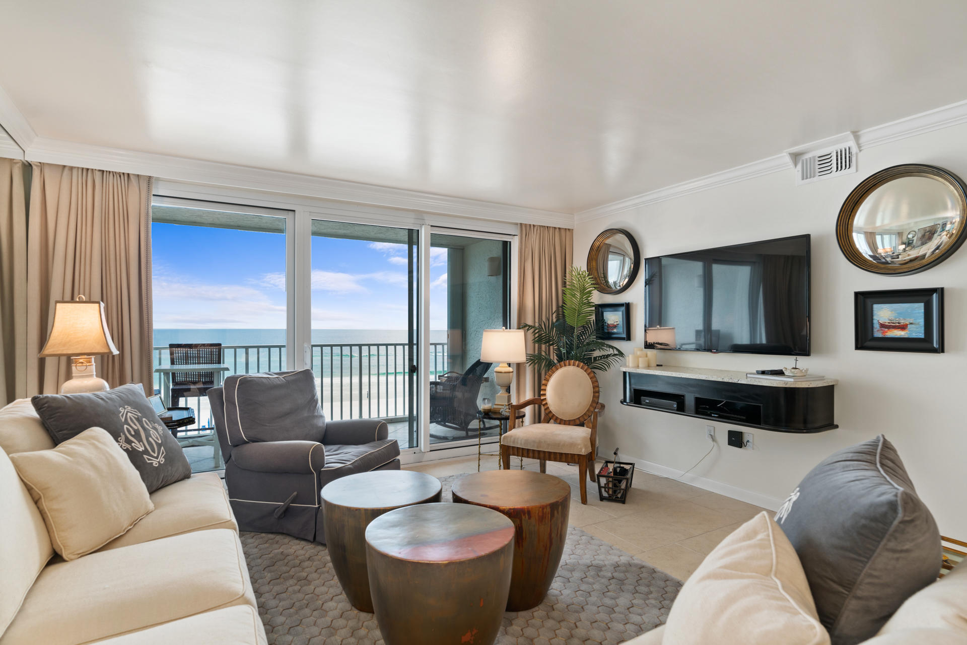 Beautifully remodeled and exquisitely furnished Gulf front 2 bedroom 2 bath condo is ready for your enjoyment as a second home or primary residence. Grand Mariner is a Gated Gulf Front condominium complex centrally located in Destin that limits rentals, with views of the Emerald Waters of the Gulf of Mexico with its Sugar Sand Beaches, Gulf Front Heated Pool, Fitness Center and Owners Club with Bar for Private Functions. All units have Hurricane Shutters over sliders and storm grade windows. The outdoor storage conveniently by the front door has room for all your beach necessities and bikes.