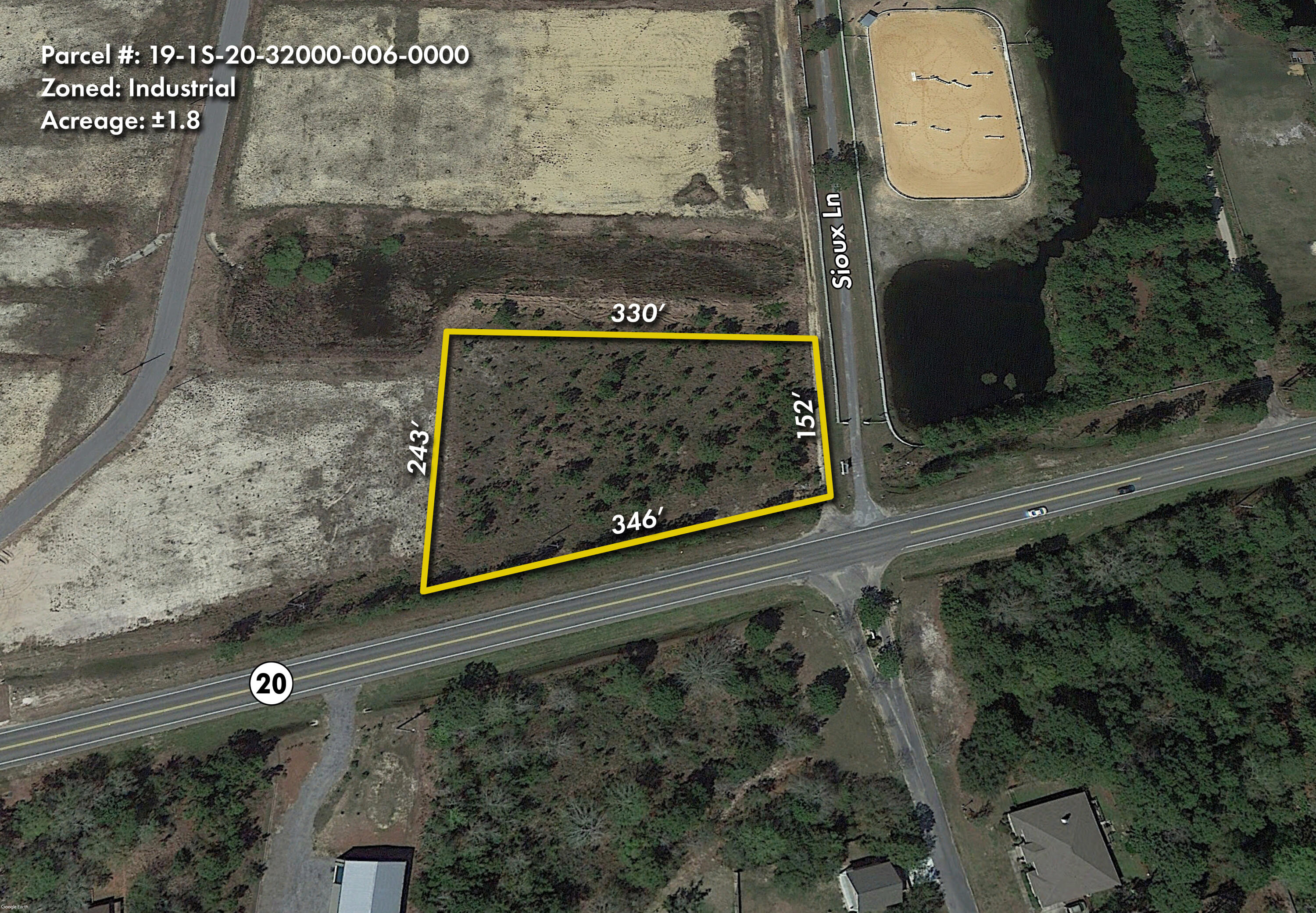Significant Price Reduction! 1.8+/- acres zoned INDUSTRIAL and yielding +/-346' of which fronts Highway 20 and in proximity to the Mid-Bay Bridge. This exceptional parcel is centrally located to Niceville, Destin, City of Freeport, Defuniak Springs, and South Walton County, Florida!