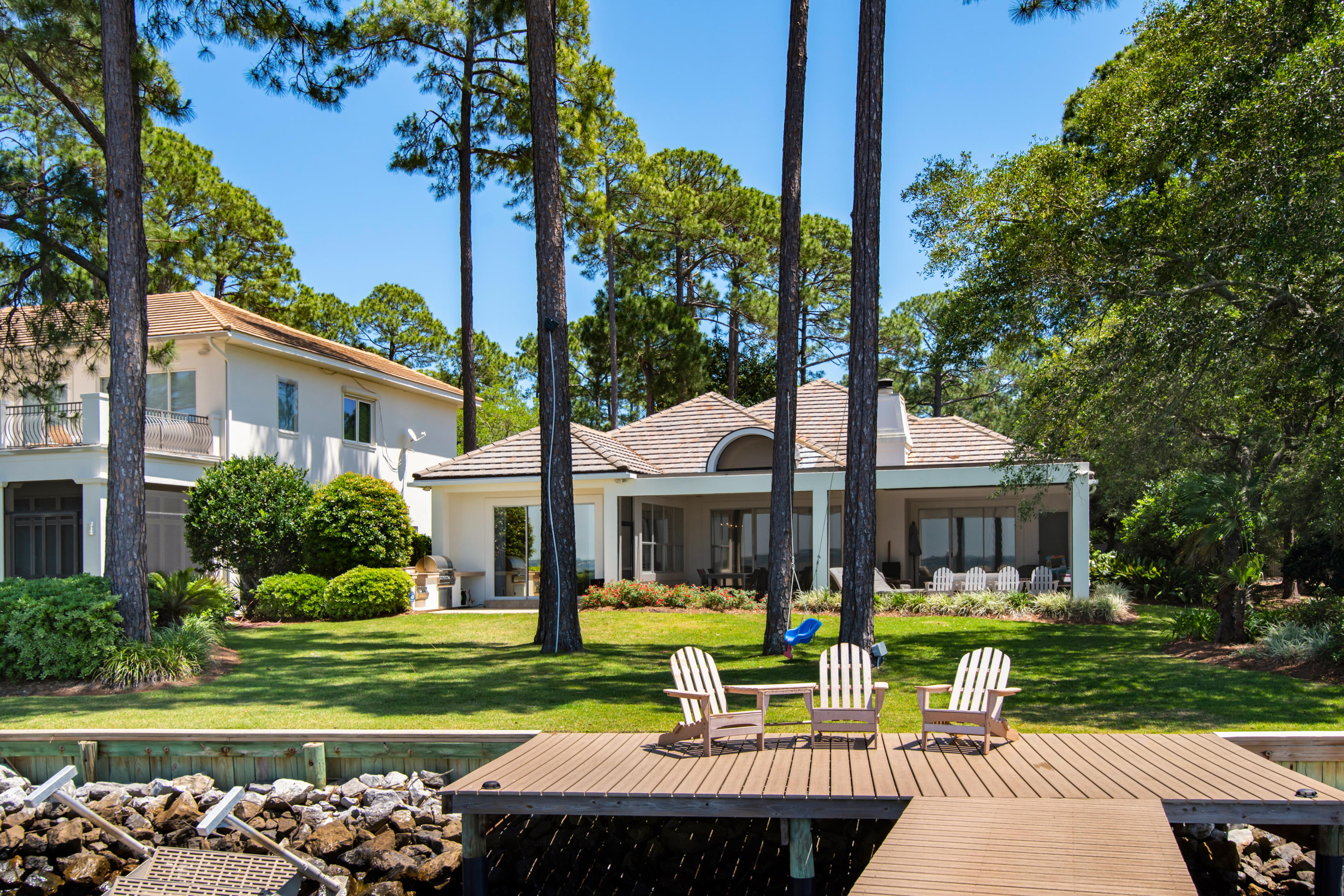 Bay Front home in the exclusive gated neighborhood of Burnt Pine located in Sandestin Golf and Beach Resort. Recently updated home with lanai and room for a pool. Gorgeous grounds with lush landscaping leading to the dock on the bay .... enjoy the wonderful sunsets from your private setting.