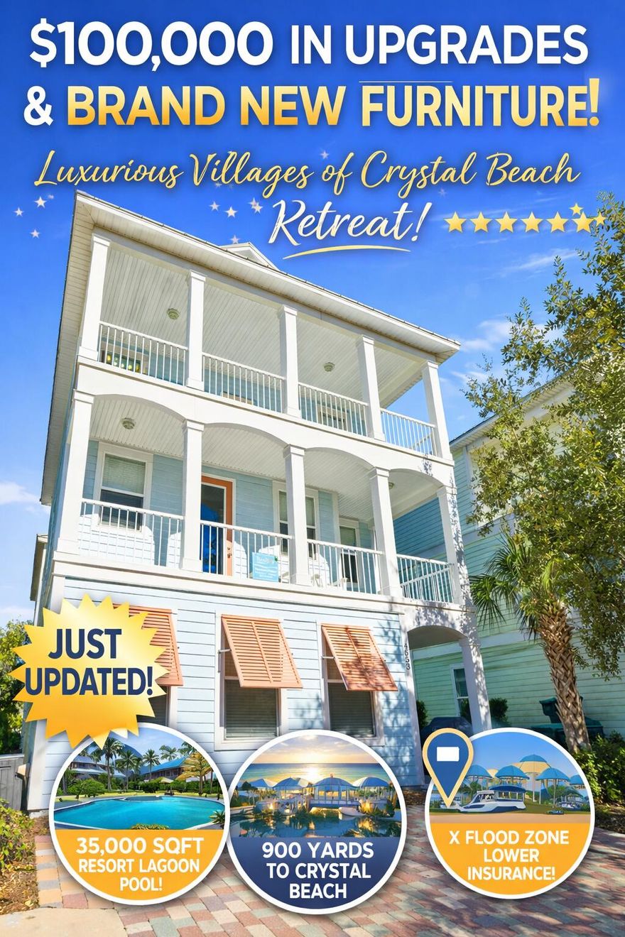 Coastal Luxury Meets Effortless Living in Crystal Beach. Wake up to salty breezes, sun-filled spaces, and the feeling that you've truly arrived. This beautifully renovated in 2025 beach retreat, featuring over $100,000 in upgrades, delivers the coastal lifestyle buyers are searching for polished, peaceful, and designed for unforgettable moments. Located in the gated Villages of Crystal Beach, this home offers rare peace of mind with an X flood zone designation and outside the COBRA zone, helping keep insurance costs lower while staying just minutes from the Gulf. It's a combination that's increasingly hard to find this close to the beach.Step inside and feel the difference immediately. Soaring 9-foot ceilings, 8-foot doors, and oversized 8-inch baseboards create an airy, upscale atmosphere, while the open-concept layout invites both connection and relaxation. Whether you're hosting family and friends or enjoying a quiet coastal morning, the space flows effortlessly.
The home has been thoughtfully refreshed from top to bottom with:
Brand-new kitchen cabinetry and modern fixtures, Luxury vinyl plank flooring throughout, Fresh interior and exterior paint, New tile on all balconies, Two new HVAC systems for year-round comfort and High-end mattresses and designer furnishings in every room. Every detail was selected to elevate comfort, style, and functionality. The private primary suite feels like a personal retreat, a calming escape after a day at the beach. With two spacious living areas, there's room for everyone to unwind. Enjoy movie nights with flat-screen TVs in every bedroom, friendly competition in the game room with foosball, or set the mood with your favorite playlist through the home's music tower. Covered porches on both the second and third floors capture the coastal breeze and create ideal spaces for morning coffee or sunset cocktails. Outside, the lifestyle truly comes alive. The community's 35,000-square-foot lagoon pool features waterfalls and zero-entry access, creating a true resort-style experience. Relax at the tiki bar, unwind in the hot tub, or gather with friends at the outdoor grilling area. And when it's time for the beach, a complimentary shuttle takes you just 900 yards to Crystal Beach, no parking hassles required. Whether you're searching for a full-time residence, a luxury vacation home, or a strong income-producing investment, this property delivers the perfect balance of elegance, comfort, and coastal charm. This isn't just a home, it's the lifestyle you've been waiting for. Come experience it in person and fall in love. Roof and HWH 2013