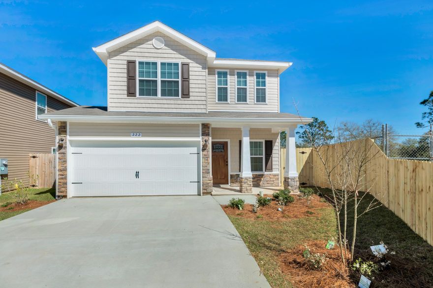 Cottage style, two-story home has a spacious open downstairs floor plan. Kitchen is complete with breakfast bar, pantry,stainless steel appliances,all over-looking the Dining area. French doors off the Family room leads you to the privacy-fenced backyard and patio. Upstairs offers a Full Bathroom, Utility room and three spacious bedrooms. The Master suite includes dual vanities, a large walk-in closet, separate shower and garden tub. Decorative Columns, cedar shake vinyl siding and stone exterior accent the exterior of the home. Actual colors, finishes may vary. Pictures are from a previously built home. Seller will pay up to $3000 of buyer's closing costs with the use of one of the preferred lenders. Additional homes,lots and plans available. See more comments section for color selection.