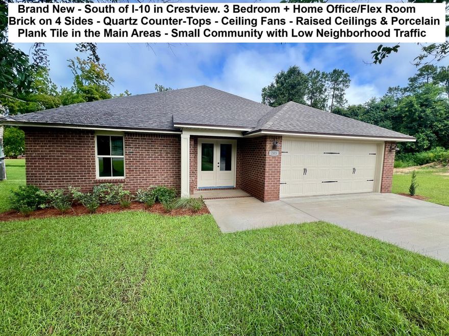 BRAND NEW, SOUTH OF I-10 in the Subdivision of Camille Cove - 3 Bedrooms PLUS A BONUS ROOM/OFFICE. Porcelain Plank Tile in the Main Areas - 4-SIDED BRICK HOME - QUARTZ Countertops in KITCHENS & BATHS, Soaring Ceilings in the Main Areas. FRENCH DOOR ENTRY, Large Living Room, Breakfast Bar, Plus and Over Abundance of Kitchen Cabinets, Pantry, & Spacious Laundry Room. Master BEDROOM WITH FRENCH DOOR ENTRY. Double QUARTZ Top Vanity with Additional Drawers, LARGE SHOWER WITH SEAT, Walk-in Closet. 2 Additional Bedrooms, Linen Closet, & 2 Car Garage.