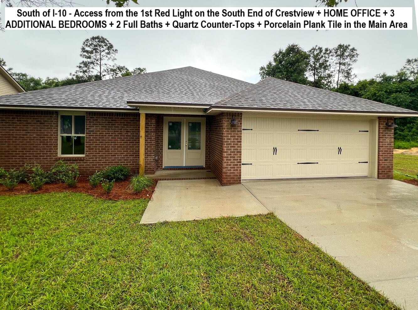 BRAND NEW, SOUTH OF I-10 in the Subdivision of Camille Cove - 3 Bedrooms PLUS A BONUS ROOM/OFFICE. Porcelain Plank Tile in the Main Areas - 4-SIDED BRICK HOME - QUARTZ Countertops in KITCHENS & BATHS, Soaring Ceilings in the Main Areas + Auto Garage Door Opener. FRENCH DOOR ENTRY, Large Living Room, Breakfast Bar, Plus and Over Abundance of Kitchen Cabinets, Pantry, & Spacious Laundry Room. Master BEDROOM WITH FRENCH DOOR ENTRY. Double QUARTZ Top Vanity with Additional Drawers, LARGE SHOWER WITH SEAT, Walk-in Closet. The Builder/Seller is PAYING MOST CLOSING COST, ask for details. 2 Additional Bedrooms, Linen Closet, & 2 Car Garage. The FLOOR PLAN IS IN THE PHOTOS. AstroGuard Hurricane Fabric is being Cut and Custom Fitted for this House. Ceiling Fans in all Bedrooms, Office, & Main Area. If you are Traveling from Niceville, Eglin, Duke, 7th Group, Hurlburt, or Fort Walton Beach you will be able to Turn at the 1st Redlight on the South End of Crestview to Access Camille Cove. Close to Shopping & Restaurants. We have more homes under construction. Incentives maybe available through preferred lenders.