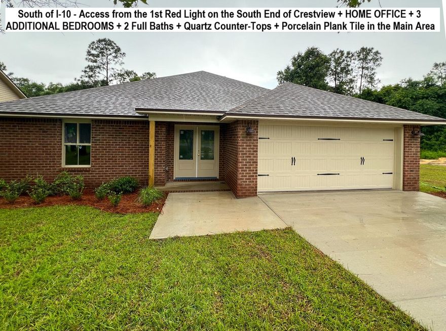 BRAND NEW, SOUTH OF I-10 in the Subdivision of Camille Cove - 3 Bedrooms PLUS A BONUS ROOM/OFFICE. Porcelain Plank Tile in the Main Areas - 4-SIDED BRICK HOME - QUARTZ Countertops in KITCHENS & BATHS, Soaring Ceilings in the Main Areas + Auto Garage Door Opener. FRENCH DOOR ENTRY, Large Living Room, Breakfast Bar, Plus and Over Abundance of Kitchen Cabinets, Pantry, & Spacious Laundry Room. Master BEDROOM WITH FRENCH DOOR ENTRY. Double QUARTZ Top Vanity with Additional Drawers, LARGE SHOWER WITH SEAT, Walk-in Closet. The Builder/Seller is PAYING MOST CLOSING COST, ask for details. 2 Additional Bedrooms, Linen Closet, & 2 Car Garage. The FLOOR PLAN IS IN THE PHOTOS. AstroGuard Hurricane Fabric is being Cut and Custom Fitted for this House. Ceiling Fans in all Bedrooms, Office, & Main Area. If you are Traveling from Niceville, Eglin, Duke, 7th Group, Hurlburt, or Fort Walton Beach you will be able to Turn at the 1st Redlight on the South End of Crestview to Access Camille Cove. Close to Shopping & Restaurants. We have more homes under construction. Incentives maybe available through preferred lenders.