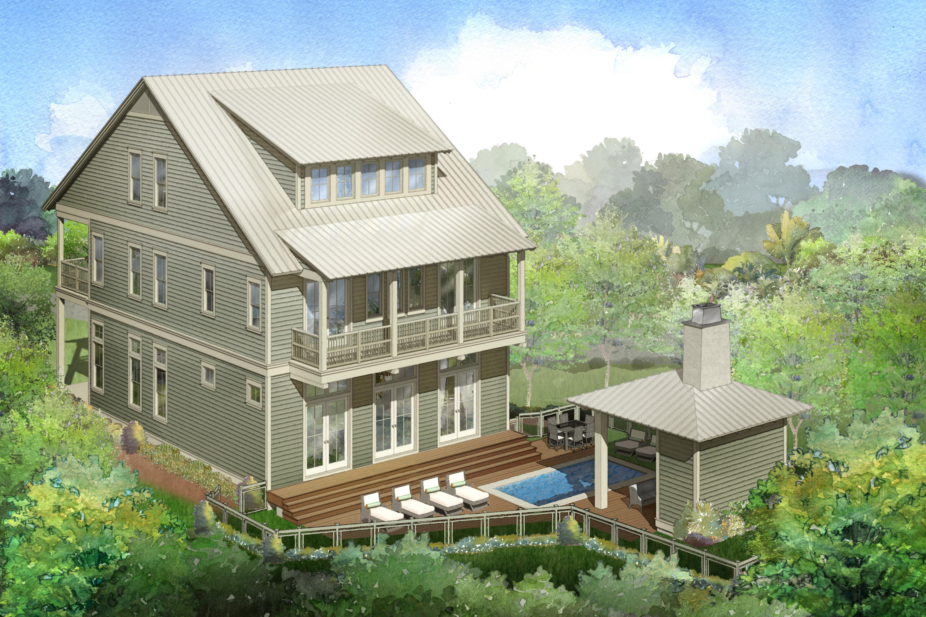 NEW WATERCOLOR HOME by Romair Construction. No attention to detail will be overlooked. The new purchaser of this home will have the ability to make certain selections, depending on the date of contract. The breathtaking open concept great room offers soaring 12' ceilings, abundant windows, stunning state of the art kitchen & lovely dining area all overlooking the pool and spectacular outdoor living area. Open the triple set of french doors in the great room and step outside by the pool with spa or relax under the cabana by the outdoor fireplace.