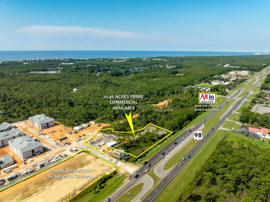 OUTPARCEL ENTITLED for a +/-15,000 square foot building!  +/-1.46-acre corner outparcel of the mixed-use community known as 'Sandbar' fronting Highway 98 in Santa Rosa Beach, Florida with access to Sugar Drive and the forthcoming traffic light at Thompson Road, thus offering exceptional flow around the parcel. The strategic location will benefit not only from high visibility captured by the 40,000+ vehicles passing the site daily along Highway 98, but also the synergy with the mixed-uses surrounding the rare parcel, all economically fueled by the phenomenal growth that is occurring in Santa Rosa Beach and Scenic 30A, Florida. The superb quality of this offering is an extremely rare opportunity in the local real estate market. Please inquire for further details.