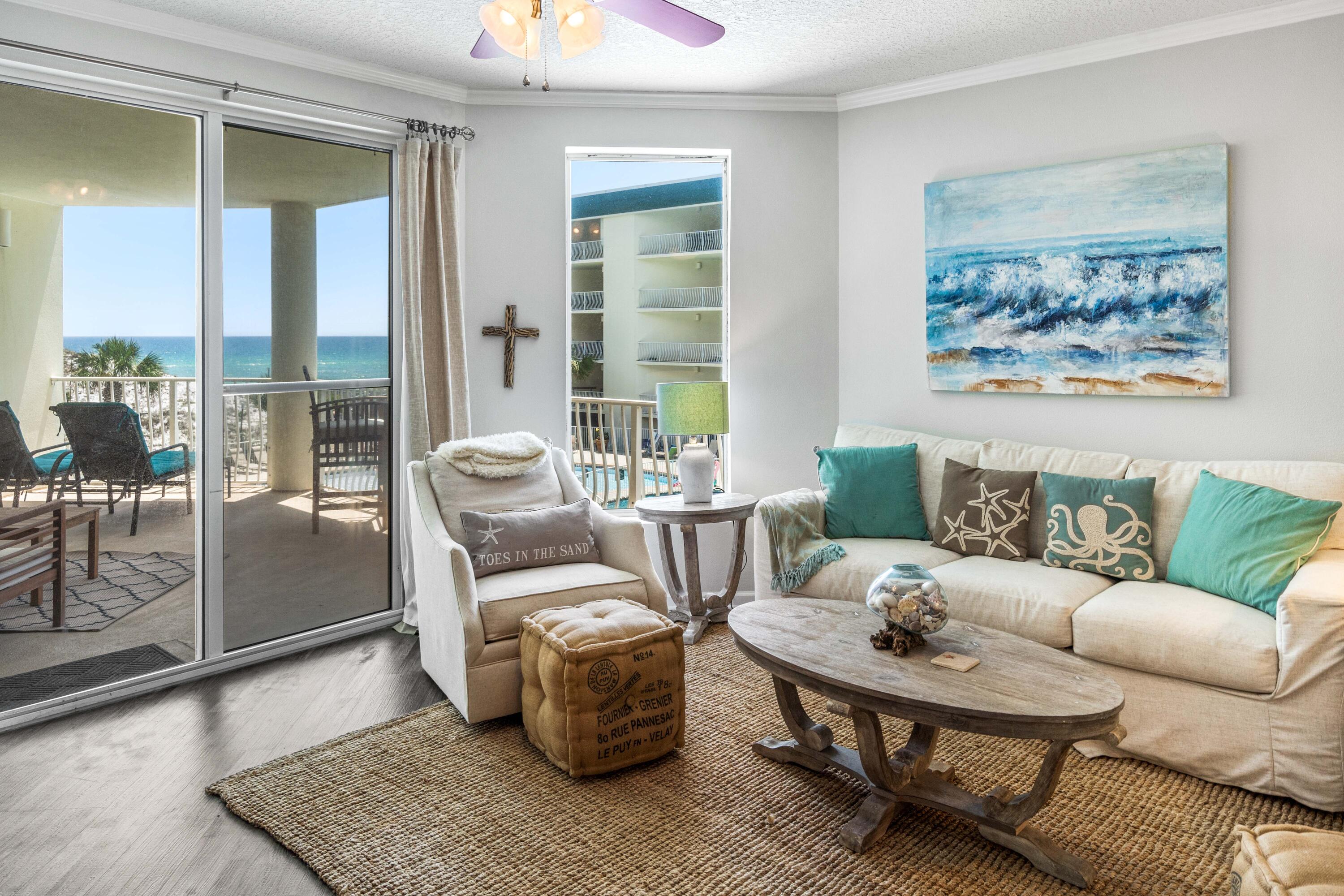 Great Seagrove Beach location! Fabulous corner unit on 3rd living level of building offering amazing views of the dunes and gulf while overlooking the pool. Nicely furnished and decorated, this 2BR/2BA comes with an additional bunk area tucked in a quite spot. A sleeper sofa in the oversized primary bedroom provides additional sleeping space as well. This residence easily sleeps 8. Other features include two outdoor covered porches. Large porch accessible from the living room or primary bedroom has plenty of space for outdoor dining, relaxing while watching the sunset or playing games. There is an additional small private porch off the guest bedroom. Crown molding in the main living area, and newer flooring throughout. Current owner has not rented and rarely uses the property. Dunes of Seagrove consists of 90 units with private beach access and an oversized 7500 sq ft swimming pool. A short bike ride to shopping, dining and all 30A has to offer.