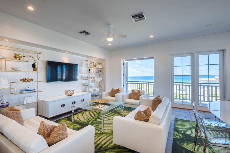 Indulge in Gulf views from the balcony of this new fourth floor Lucian residence. Located on the top, west corner of the first building in the growing Alys Beach Town Center, the 3 bedroom 3.5 bath open-floor plan condominium has just been completed. Exquisite interiors reflect a coastal contemporary lifestyle. Thoughtfully selected artwork and accessories enhance each room in this light-filled home. All furnishings, art, and accessories convey with the purchase. Luxury fixtures and finishes include Veneer plaster, Siena Silver Travertine, fire rock tile, Thermador and WaterMark. Owners enjoy parking in an underground parking area.The floor plan is available in the Documents tab.