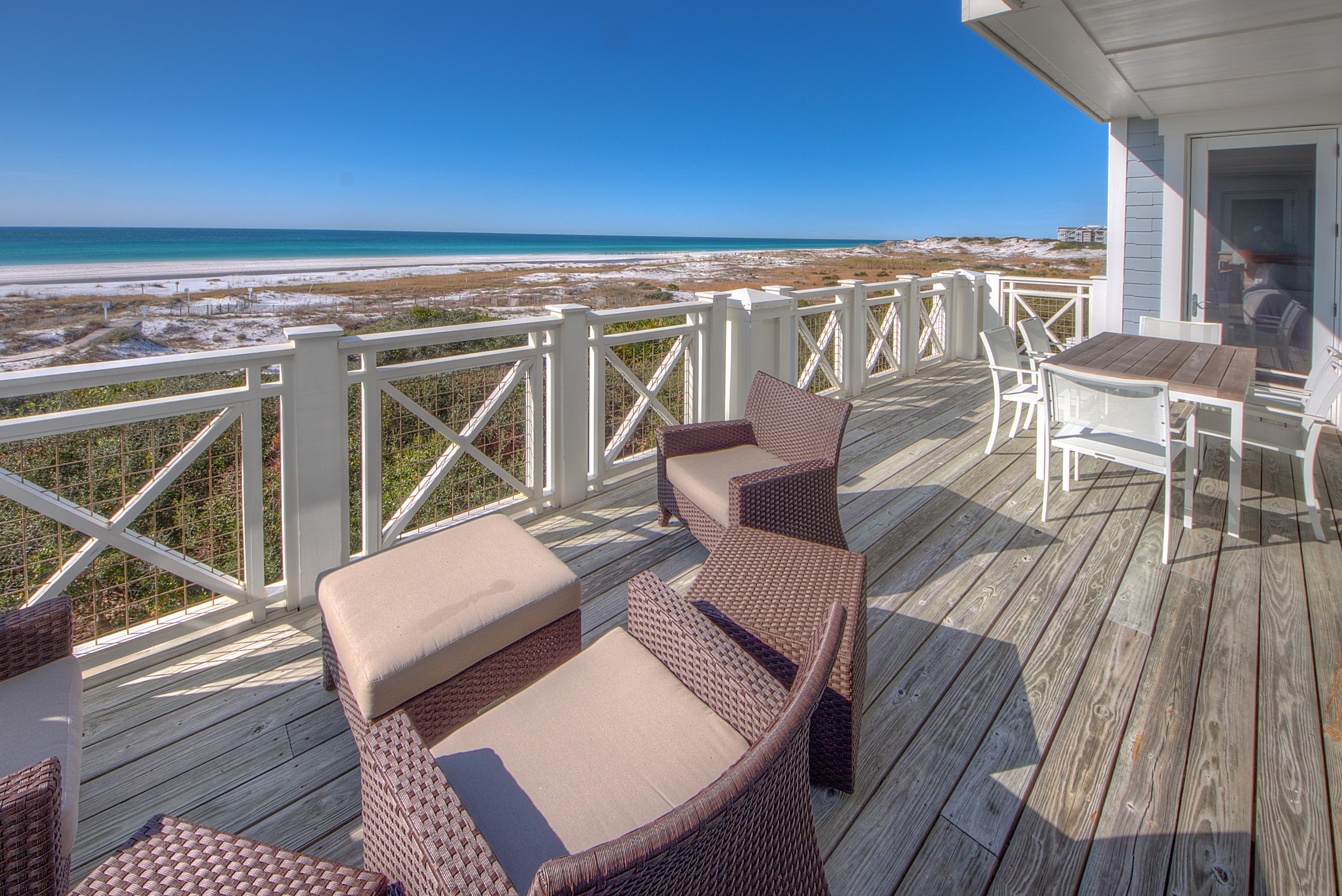 Rare opportunity to purchase a gulf front condo on the third floor in The Crossings. This non-rental unit has been immaculately maintained & is sold furnished. The open living, dining & kitchen areas showcase the amazing view through a multitude of windows. The covered porch allows plenty of room to enjoy the sights & sounds of the Gulf of Mexico. The spacious master retreat includes a sitting area & ensuite that includes soaking tub, separate shower & two enormous walk-in closets. There are also two guest bedrooms each with full bath, office, laundry, powder bath & a detached garage. Other special features of this property are wood floors throughout, Viking appliances & wainscot paneling. Don't miss this special offering!
