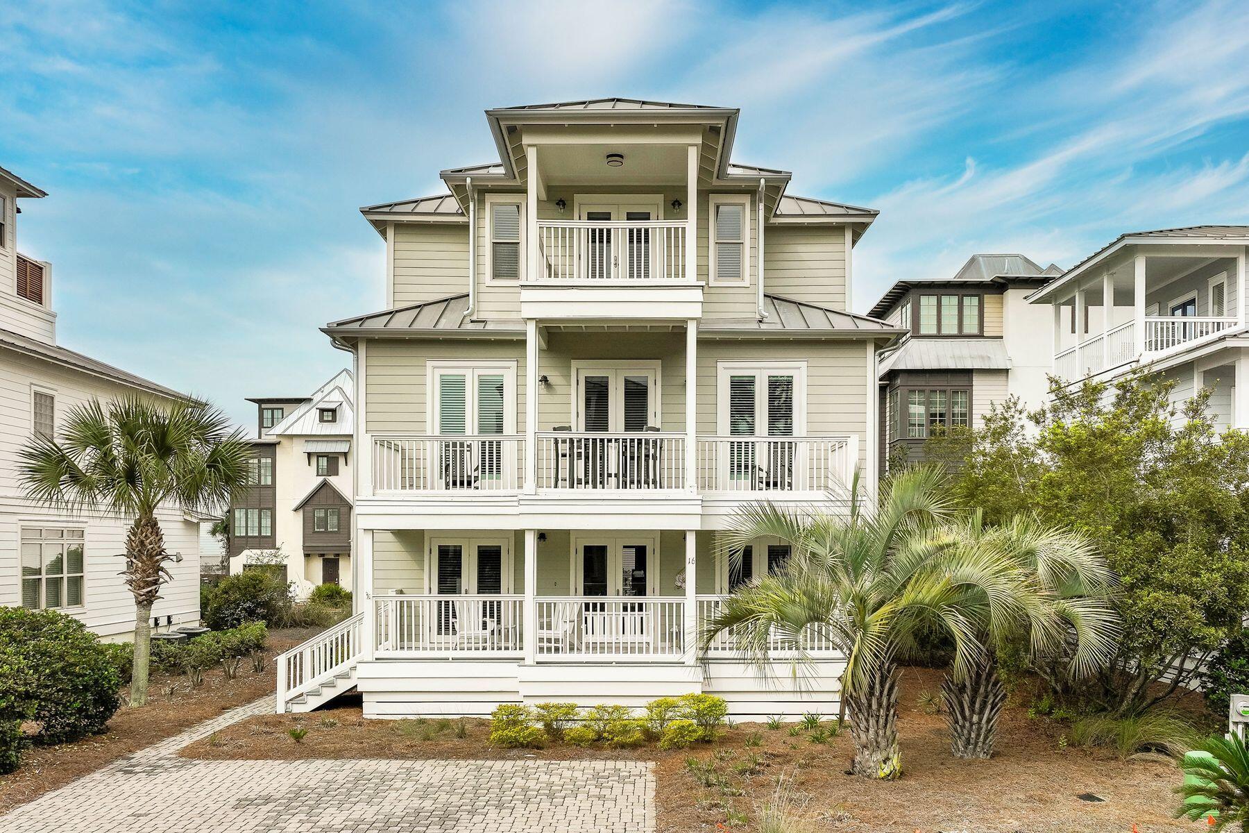 South of 30A in Seagrove this Southern Vernacular home sits just 800 feet to the beach access. Property has been meticulously maintained and is turn key. Up to 14 guests can be comfortably accommodated in this 3 story beach home. The first floor has 2 bedrooms, ensuite baths and a bonus room complete with a kitchenette, additional sleeping space and access to the back porch dining area. The second floor has an updated kitchen, living area with a bunk room which accommodates four guests. As your move up to the 3rd level you find the primary suite with a private balcony as well as an additional balcony giving access to the 5th bedroom with its own full bath. Community amenities include a pool and tennis court.