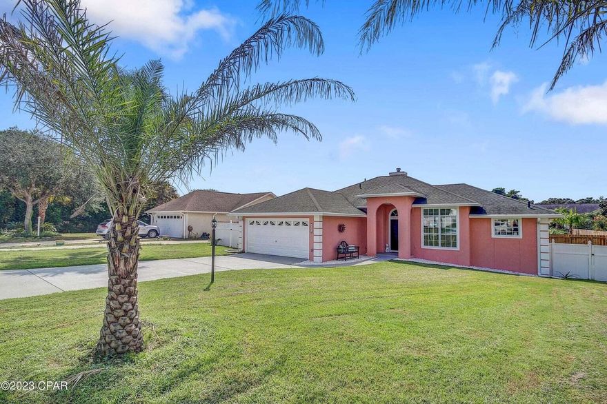 SELLER INVITES BACK UP OFFERS! WEST END of PCB! BEACH House designed with inground gunite salt water pool just 4 blocks from GULF and Sandy white beach public access! Incredible spacious lot includes custom raised gardens-NO HOA FEES-Golf cart friendly community! Room to expand! Enclosed 2 car garage with custom storage. This mediterranean style home is just full of HAPPY beach vibes, and has been VERY pampered with over $100k in recent improvements! Featuring a very large master suite and excellent guest or room mate floor-plan. This is an excellent sought after quiet community with rental options. Check out this list of upgrades: NEW custom paver pool deck, TRUE PRIVACY with NEW 8FT privacy fence with double gates. Recently built custom raised garden beds 5'x20 w/ automatic irrigation, custom landscaping pkg including palm trees! NEW pool pump, heat pump & pool light. MOVE IN READY! Full exterior irrigation lawn system. HVAC is only 2 years young. NEW outdoor faucets and exterior shower in custom side gated secret side garden. NEW bluetooth controlled digital home thermostat. Hurricane shutters added in 2021. Kitchen has been updated with a new stove, microwave, dishwasher, refrigerator, sink, plumbing hardware & pipes. NEW custom front door and interior door hardware. NEW interior crystal lighting and ceiling fans. NEW gutters in 2023 and 8 years young roof! NEW interior wood plank LVP flooring. This home features front and back porches with new masonite ceilings and new screens. The open family room greets you with a well maintained fireplace that was just inspected and cleaned in 2022. New window blinds & shutters. Fairly new water heater. Termite bonded since 1992.Located in the very sought after and quiet west end of Panama City Beach, 20 min to airport and just minutes from Inlet Beach, Lake Powell, 30A, Pier Park, state parks, trails, and simply walk or ride golf cart to the beautiful emerald coast and sandy white beaches! *Buyer to verify details marketed by broker or seller*