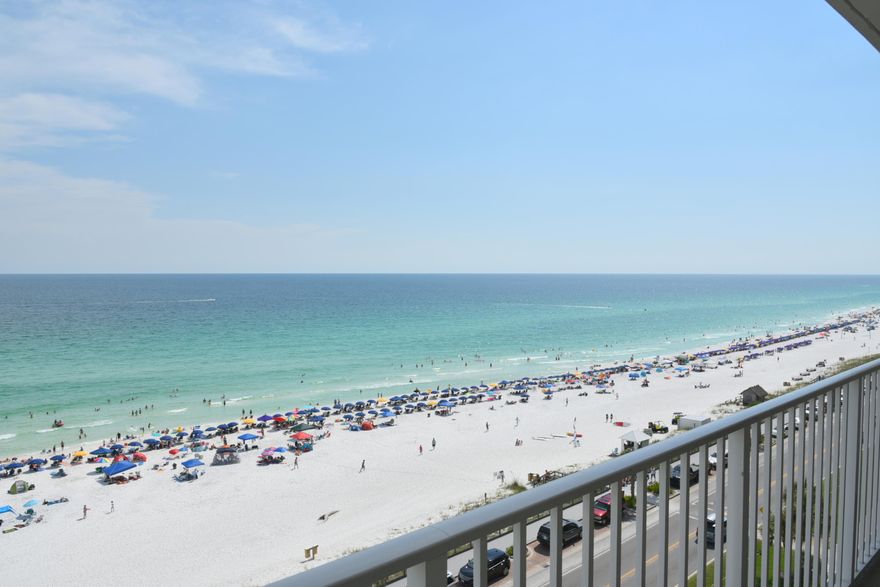 Enjoy stunning coastline views to the east and west from this homey 8th floor unit! Deluxe floorplans, high in this building are both rare and valuable. The beautiful Italian travertine floors run throughout the unit, which itself has received many recent upgrades and improvements (including AC & water heater). The unit has been professionally decorated with upholstered furnishings sold only to the trade. Living room has a sleeper sofa, master a king bed, and guest a queen bed. Custom floor to ceiling, lined draperies with matching valances cover all windows and patio doors. Hunter Douglas Silhouette sheers and shades are installed behind the beach facing draperies in both the living room and master bedroom for privacy, light control and insulation.