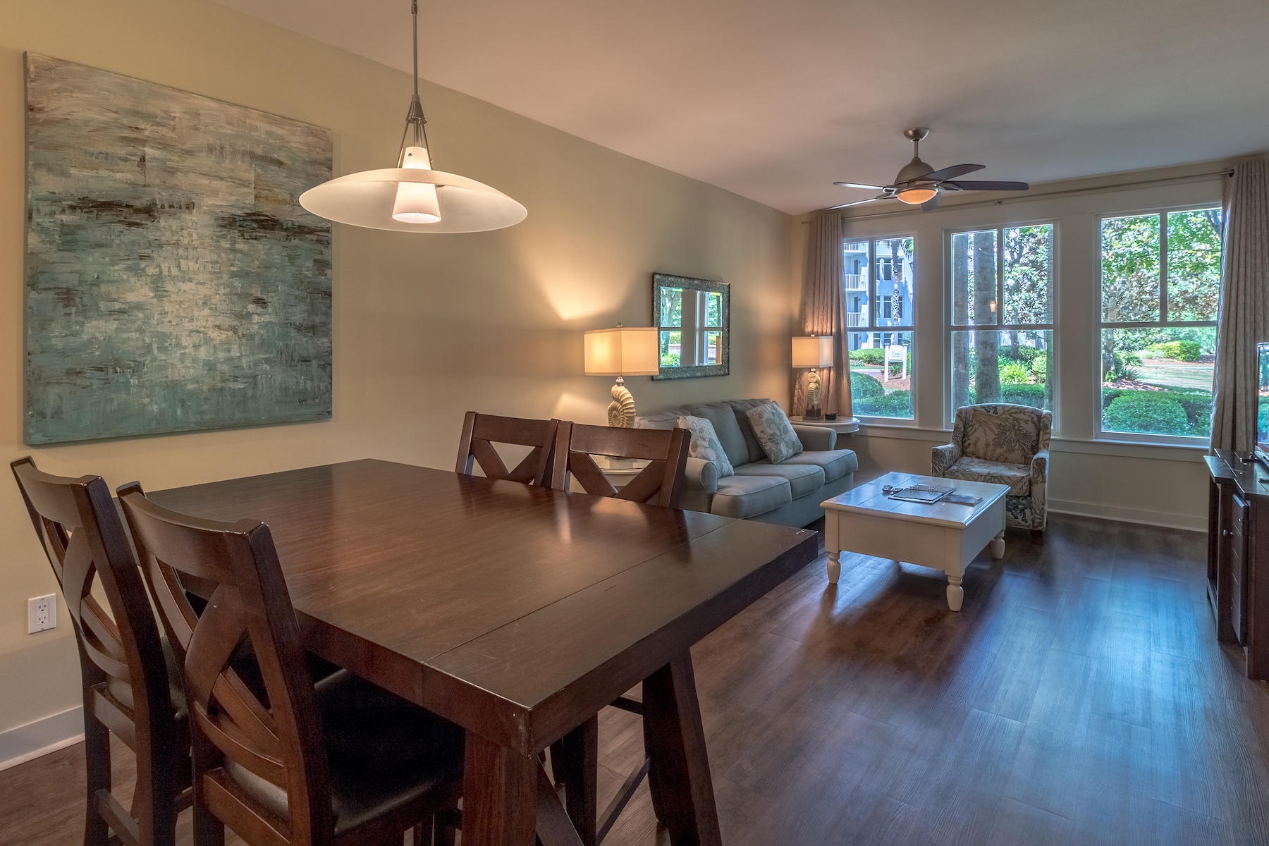 Beautiful ground floor condo with a large rounded patio overlooking the Grand Gardens. Condo features hardwood floors and granite countertops and is located in the Village of Baytowne Wharf with fabulous shopping as well as casual and formal dining, night life and year round activities. All within the gates of Sandestin Golf and Beach Resort with beach access, golf, tennis, a marina, and other amenities. Owners and their guests in Bahia also have access to the private Solstice Club with grills, screened porch with gas fireplace, indoor bar, flat screen TV, and indoor and outdoor seating.