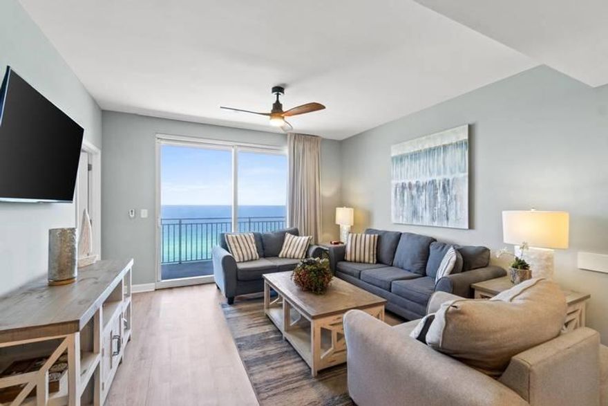 Opportunity to own in the highly sought Splash Resort. Splash is the most unique resort destination in Panama City Beach. With unequaled amenities to include Lazy River, Toddler Frog and Turtle Splash Pad, and kids Water Bucket Playground, full state-of-the-art Fitness Center, a Pool and Jacuzzi just for the Adults, Island Style Beach Bar and Grill, Interactive water Toys, and coffee & snack shop. All located on over 400' of Gulf Beach Frontage. Garage Parking is accessed via the covered walkover.  There is also a Beach Apparel/Surf Shop and On-Site Rental Management and Check-In desk.  Unit 1002 is a beautifully furnished 2 bedroom, 2 bath floor plan. Providing stunning Gulf views from Balcony, Master & Living Area. CLICK ON MORE TO SEE FULL REMARKS AND DETAILS. BUYER TO VERIFY ALL INFO Opportunity to own in the highly sought Splash Resort. Splash is the most unique resort destination in Panama City Beach. With unequaled amenities to include Lazy River, Toddler Frog and Turtle Splash Pad, and kids Water Bucket Playground, full state-of-the-art Fitness Center, a Pool and Jacuzzi just for the Adults, Island Style Beach Bar and Grill, Interactive water Toys, and coffee & snack shop. All located on over 400' of Gulf Beach Frontage. Garage Parking is accessed via the covered walkover.  There is also a Beach Apparel/Surf Shop and On-Site Rental Management and Check-In desk. 

Unit 1002 is a beautifully furnished 2 bedroom, 2 bath floor plan. Providing stunning Gulf views from the generous balcony, the living/dining area and kitchen, as well as, the spacious Gulf front Master Suite. 9' ceiling enhance the open floor plan.  Unit feature include tile and vinyl plank floors, granite kitchen and vanity tops, window treatments (2022), stack washer/dryer, HVAC (2020), refrigerator (2022), range (2021), microwave (2021) dishwasher (2021) water heater (2024).  Unit conveys turnkey rental ready. Fully stocked and furnished. 

Splash is located just minutes from the restaurants, shopping and entertainment of Pier Park and Frank Brown Park. And just 15 minutes to Scenic Hwy 30A to the west. 
BUYER TO VERIFY ALL IMPORTANT INFO