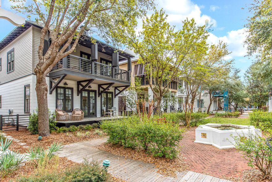 Charming cottage ideally situated fronting Kingsbridge Park and Butterfly Garden. Only steps to Rosemary Beach Owner's Center, featuring private pool, cabanas, club room and event pavilion, and St Augustine Park. Cabana Pool just a short walk down the boardwalk. Soft gray and white color palette, new hardwood floors, new plumbing and lighting fixtures, and new furnishings are just some of the recent updates. Offering open concept living, dining, kitchen area and 2 master bedroom suites (king) and 3 full baths plus 2 built in bunk beds. Spectacular home features first and second floor porches providing outstanding views of the community space and fountain. Property will accommodate addition of carriage house, verified with RB Town Architect, a key value-add to this lovely home.