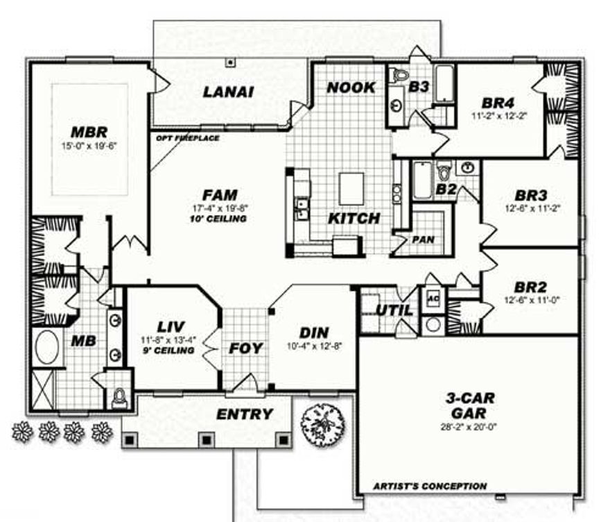 The San Rafael 2621 square feet living space with 4 bedrooms, 3 full bath, and 3 car garrage.
