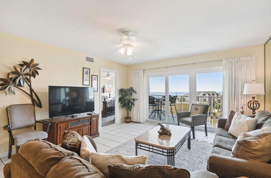 VIEWS! This 2 bedroom/2 bathroom Okaloosa Island condo features gorgeous Gulf views and is being sold fully furnished. Beach front and wonderfully maintained with many updates within the past few years; washer and dryer, microwave, ceiling fans all updated within the past year. Kitchen stove and Bosch dishwasher 2021. Carpet installed 2023. HVAC 2018. Amenities include beach access, indoor/outdoor pool, gym, BBQ area, and tennis courts! Fall 2024 - both SIRS and traditional reserve study completed. 2022 assessment (paid) included new windows, sliding doors, stucco painting, sealing, and waterproofing. Roof replaced 2024. Pool resurfaced and access windows replaced 2024. New pool furniture and fitness equipment 2024. Indoor pool is enclosed and heated during winter. A great buy to own a piece of the Emerald Coast!