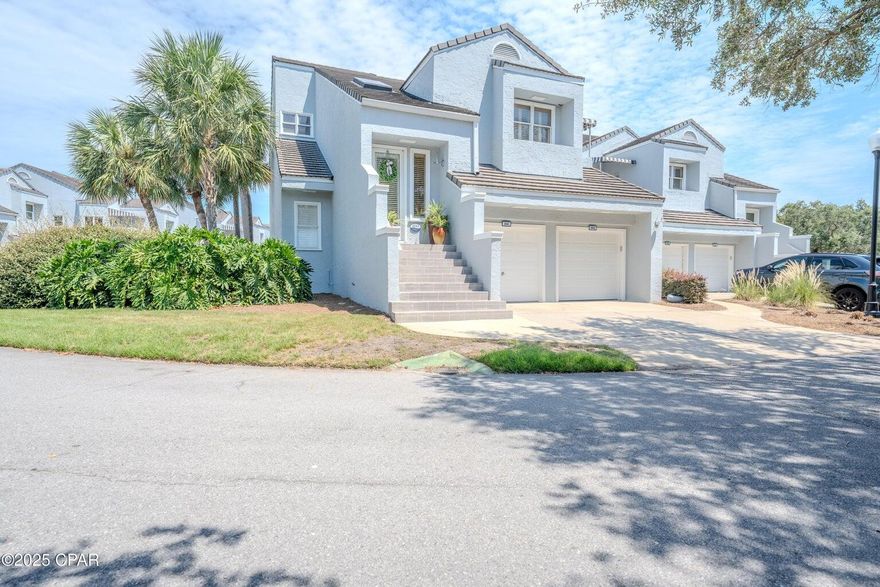 Absolutely gorgeous, 2BR/2BA at Marina Club Village--with direct views over the pool and deck and peeks of Grand Lagoon from both balconies. From the foyer, built-in bookcase/curio shelving set the tone. A dry bar adjoins the living/dining area. Throughout the home you'll find custom 3'' plantation shutters and abundant natural light. The light, airy kitchen features tile floors, updated countertops, cabinets, and sink, plus a mosaic glass tile backsplash. It opens to a cozy breakfast room with its own balcony and lagoon view--a perfect morning coffee spot. The living room offers high ceilings, a fireplace (ideal for electric logs), and large windows to the main balcony. A true split plan: the oversized guest bedroom sits opposite the private primary suite. The primary suite opens to the l large main balcony overlooking the pool and deck; its spacious bath includes double vanities, a separate jetted soaking tub and tiled shower, plus a large walk-in closet. Additional highlights: one-car garage, the unit has been wired for an in-home generator (located in the garage; configured to power most of the homeexcludes AC and stove), Community perks: residents' pool & sun deck, manicured grounds, and all the advantages of Bay Pointa guard-gated, golf-centric community with a Nicklaus-designed course, active clubs, and proximity to the full-service marina. Grocery, shopping, and some of the area's best restaurants are just outside the gates. Ideal as a full-time residence or coastal retreat.