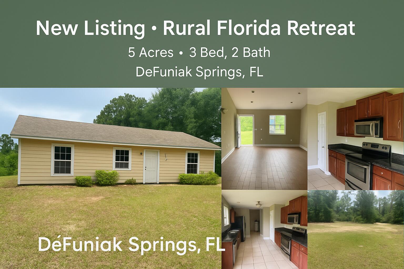 Real Estate Owned Opportunity knocks on over 5 acres in Northwest DeFuniak Springs. This ranch-style home features a split bedroom floorplan, vaulted ceilings, and an open living space designed to bring the outdoors in. Tucked just southwest of Kings Lake and Holly Lake, this wooded lot offers privacy, space, and potential ideal for a primary residence, weekend retreat, or off-grid buyer.The home is equipped with central heating/cooling, private well, and two septic tanks (one currently in use). The master suite offers a garden tub, solid surface vanity, and walk-in closet. Kitchen comes complete with stainless steel appliances, including dishwasher, microwave, and refrigerator. Large living room with cathedral ceilings and plenty of natural light call to look at 159 Michigan Lane