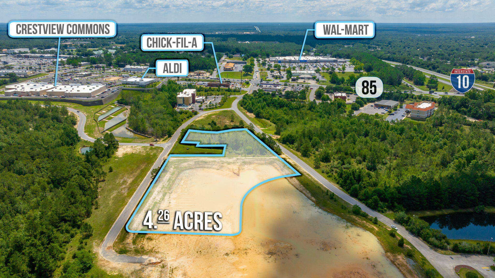 4.26 +/- acres of Prime Commercial Property with offsite stormwater and graded level by seller. This parcel is located in the heart of major development.. Crestview Commons, Lowe's, Walmart, Chik-fil-A, Aldi, and countless other retail and community serving businesses. With quick access to Highway 85 and Interstate 10, The new City Connector road to Antioch and the Interstate Ramp at I-10 and Old Bethel is under construction to come out just north of the site. Bring your business and building plans! City zoned as Commercial low intensity (C2) Seller will have deeded use restrictions and build-out time requirements.