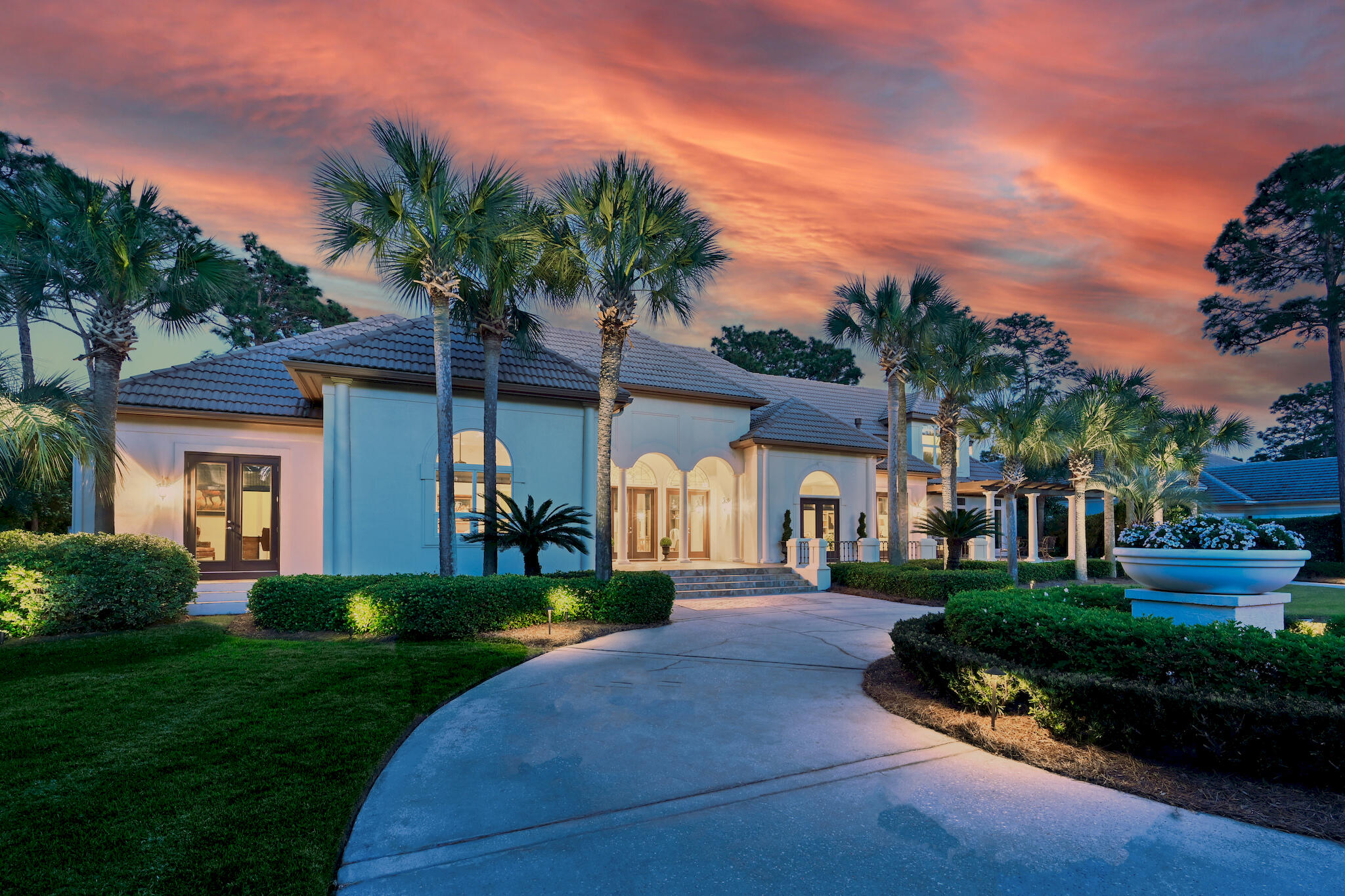 Luxury living in Burnt Pine (estate lot), featured in VIP Destin Magazine highlighting its coastal charm with Italian Accents. An incredible view of golf course and setting sun over the Bay. Indulge in an open airy feel with natural light. Heated pool and outdoor living spaced for entertaining. High ceilings with elegant marble tile flooring throughout the common areas. The spacious bedrooms have hardwood flooring. Chef's kitchen with high end Sub-Zero & Wolf appliances including an abundance of cabinetry and counters. Master bedroom and bath is luxurious and spacious. Features additional spacious bedrooms with ensuite bathroom. Upstairs has a bedroom, full bath and custom built bunks. Meticulously maintained home with lush landscaping.