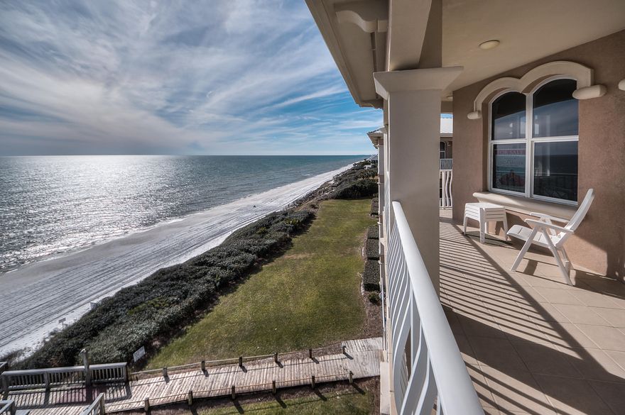 TOP FLOOR, never been rented, GULF FRONT unit! This 3br/3ba like new condo in a GATED PRIVATE community sits on top of 35' bluffs & overlooks 275' of PRIVATE UNCROWDED SUGAR SAND BEACH. Prime location w/ ROSEMARY & ALYS BEACH to the East, & WATERSOUND & SEASIDE to the West. This intimate, GATED COMMUNITY boasts a GULF SIDE HEATED POOL, dune walkover w/ shower & PRIVATE BEACH ACCESS. 2 UNITS PER FLOOR makes this property a spacious end unit w/ a WRAP AROUND COVEREDBALCONY offering sweeping views of the beach & a SKYLINE VISTA from DESTIN to PCB. This like new unit has an open floorplan w/ breakfast bar, gas fireplace, laundry room w/ additional small refrigerator, hallway bunks, ample room for storage, & each of the 3 bedrooms has EN SUITE BATHS. See what it's like to wake up ON THE GULF