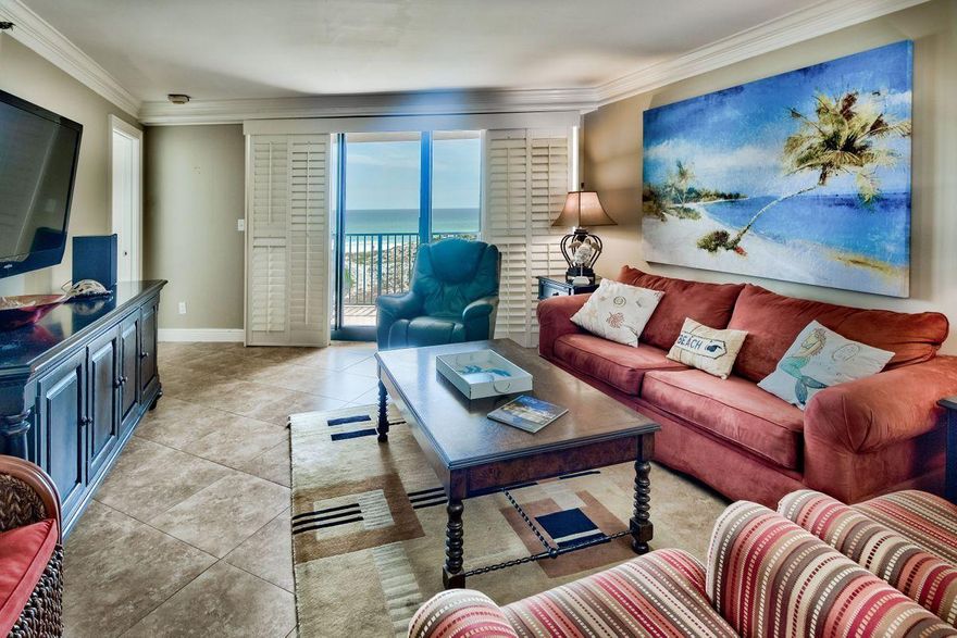 Not too high, not too low-- the height is just right and the view of the Gulf is mesmerizing from this fourth floor location gulf front two bedroom two bath condominium. Easy living at the beach with tile throughout, including the bedrooms. The kitchen is upgraded with granite counter tops, stone and glass tile back splash and stainless steel appliances. The open living and dining room provide great space for you and your family to enjoy time together. Sleep in the king sized master bed and wake up to the emerald green waters. The master bath features granite counter tops and a seamless glass shower door and tile accents. The guest bedroom has two twin beds and it's own bath.
Beachside One has a fitness center off of the lobby and a large community pool with a hot tub. Enjoy resort living at its best with all that Sandestin Golf & Beach Resort has to offer- beach, tennis, golf, marina, basketball courts, putt putt course. The Village of Baytowne Wharf is located on the resort with retail, restaurants, nightlife and activities all year long.