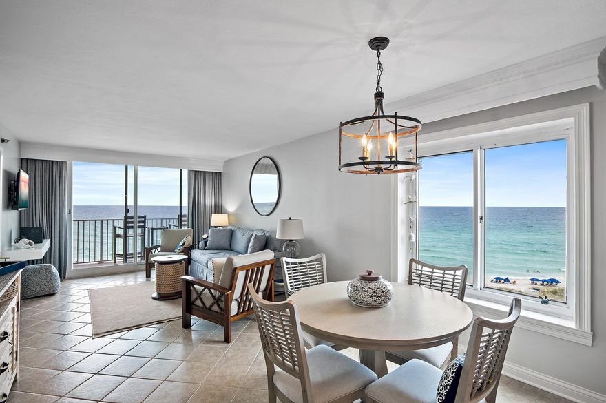 This west end unit on the top floor has the best view in the entire building, plus an additional window in the dining room. Panoramic beach views are abundant from the kitchen, dining room, living area and primary bedroom. This renovated unit has an open floor plan, new coastal furnishings and decor, new lights fixtures, flat screen TVs, and a spacious gulf front balcony. The balcony offers an unobstructed view of the beautiful white sands and emerald green waters. The guest bedroom offers 2 double size beds, and the master suite offers a King size bed, a view of the beautiful beach, and a flat screen TV. This condo is a must see.