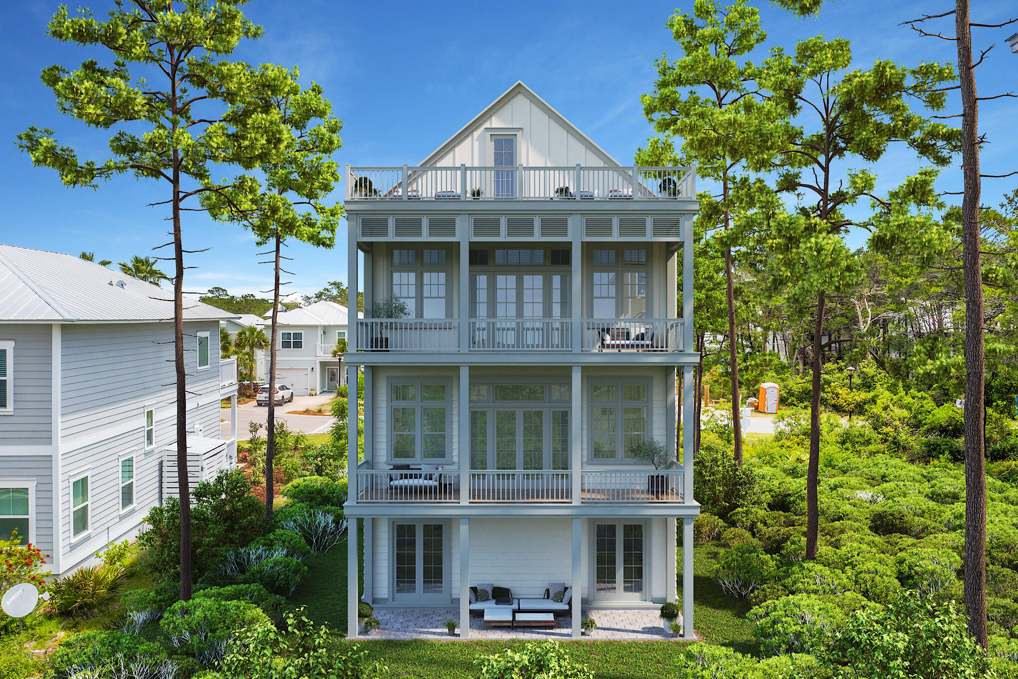 Welcome to the Beautiful community of Grande Pointe located in Inlet Beach.Upon a mid-summer completion, this home will offer over 3850 ft.. of living space. This six bedroom, four bathroom home was designed for entertainment. Fusing coastal and contemporary styles, this masterfully designed and thoughtfully outfitted residence offers an elevator, high ceilings, stunning floors, open concept living and unique, custom touches throughout. Take advantage of the expansive porch space on each level of this exquisite home.
