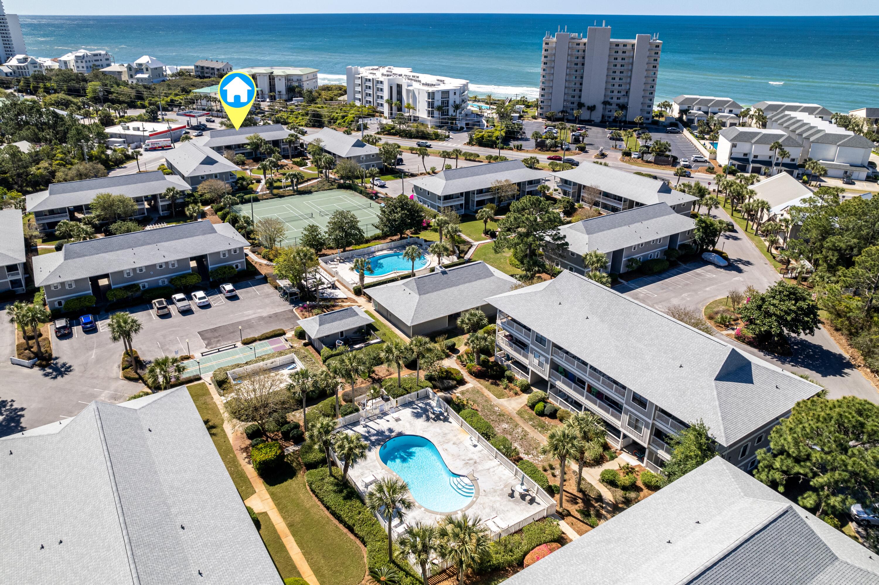 Lowest price in the complex! Discover this charming one-bedroom condo, perfectly situated just 1/10th of a mile from the pristine sands of Seagrove beach, making it one of the closest units in the complex. Say goodbye to parking hassles and embrace the ease of beachside living. Nestled in a low-density, two-story building, this condo offers just two units per staircase, enhancing your privacy and comfort.Upon entering, you're greeted by a sense of tranquility, with the spacious balcony providing serene views of the meticulously manicured grounds. The unit has been thoughtfully upgraded to include a washer and dryer in the closet, offering added convenience for both owners and guests. With the same owner for the past 15 years, Unit 5D has been lovingly maintained as a private beachside oasis.
Located in the heart of Seagrove Beach along the scenic 30A, Beachwood Villas offers an array of amenities including tennis courts, pickleball courts, and two pools, one of which is heated seasonally. Enjoy quick access to the beach, as well as the new regional beach access just 0.20 miles down 30A. The vibrant town of Seaside is a mere 1.5 miles to the west, while shopping at Greenway Station is just around the corner. For more exploration, Rosemary and Alys are only 6 miles to the east.
This condo is perfect for anyone seeking a superb beachside location at an attractive price. Enjoy the coastal lifestyle with ease and convenience.