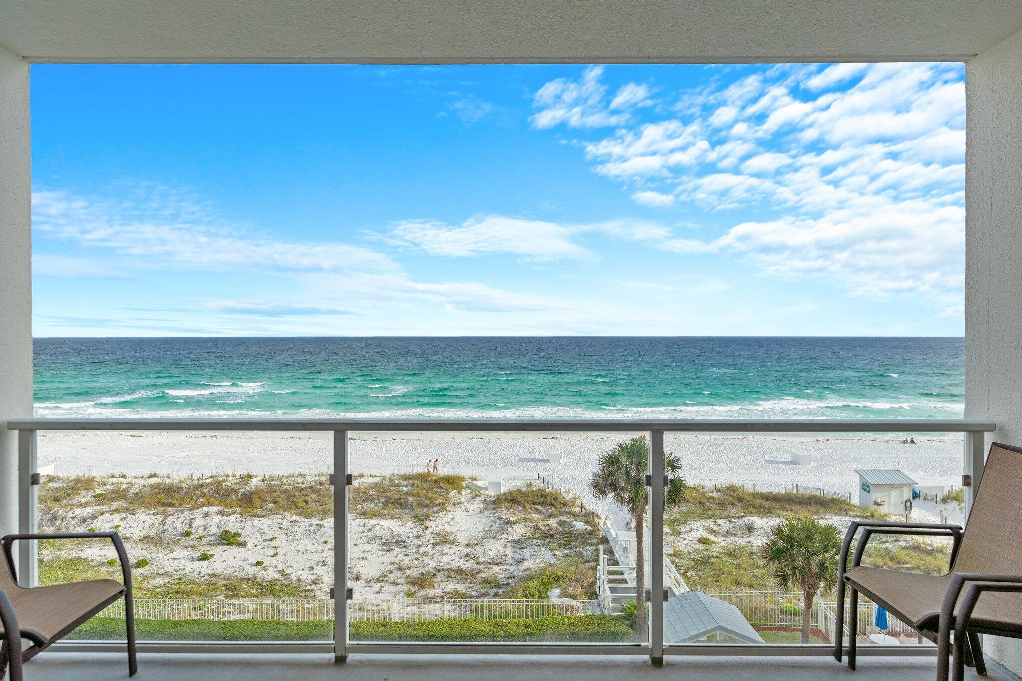 High Income Unit Over $86k! Welcome to Sterling Sands Unit 403, a beautifully maintained Gulf-front condo offering breathtaking, unobstructed views of the emerald green waters and sugar-white sands of Destin. This fully furnished 2-bedroom, 2-bathroom unit features an open-concept living space that flows seamlessly onto a private balcony with glass railing -- the perfect spot to enjoy coastal breezes and panoramic Gulf views. The kitchen is equipped with sleek quartz countertops, stainless steel appliances, ample white cabinetry, and a convenient breakfast bar, ideal for both daily living and entertaining. The master suite offers a quiet retreat with an ensuite bathroom featuring a shower/tub combo. The guest bedroom includes a trundle bed, providing additional sleeping space for family and visitors with a pocket door to the full guest bathroom. For added convenience, the unit includes a separate laundry closet with a stackable washer and dryer, as well as a dedicated owner's closet for secure personal storage. The HVAC system was recently updated with a 2023 exterior unit and a 2025 interior air handler, offering energy efficiency and peace of mind. Sterling Sands is a low-density beachfront resort in the heart of Destin, offering a beachside pool and hot tub, fitness center overlooking the beach, grilling area, and private deeded beach at your building. The building has successfully passed its milestone inspection with no repairs needed, providing added security for future owners. Whether you're seeking a primary residence, vacation getaway, or investment property, this condo offers an unbeatable combination of comfort, convenience, and coastal charm.
