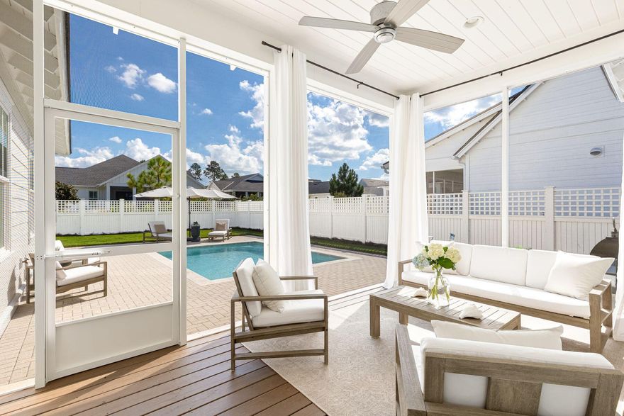 Enjoy luxury living in this elegant, serene and meticulously maintained 3-bedroom home located in lovely Watersound Origins. This comprehensive floor plan features an abundance of natural light, three bedrooms with generous closets, three full baths, and an enchanting backyard with large pool, expanded paver patio and screened porch perfect for spring and summer afternoons entertaining. The ten-foot ceilings and open floor plan showcase a chef's kitchen complete with quartz counters, custom cabinetry to the ceiling that opens to the spacious living room and dining area. The spacious and light filled primary bedroom offers a beautiful spa-like bath and large closet, Sure to impress.