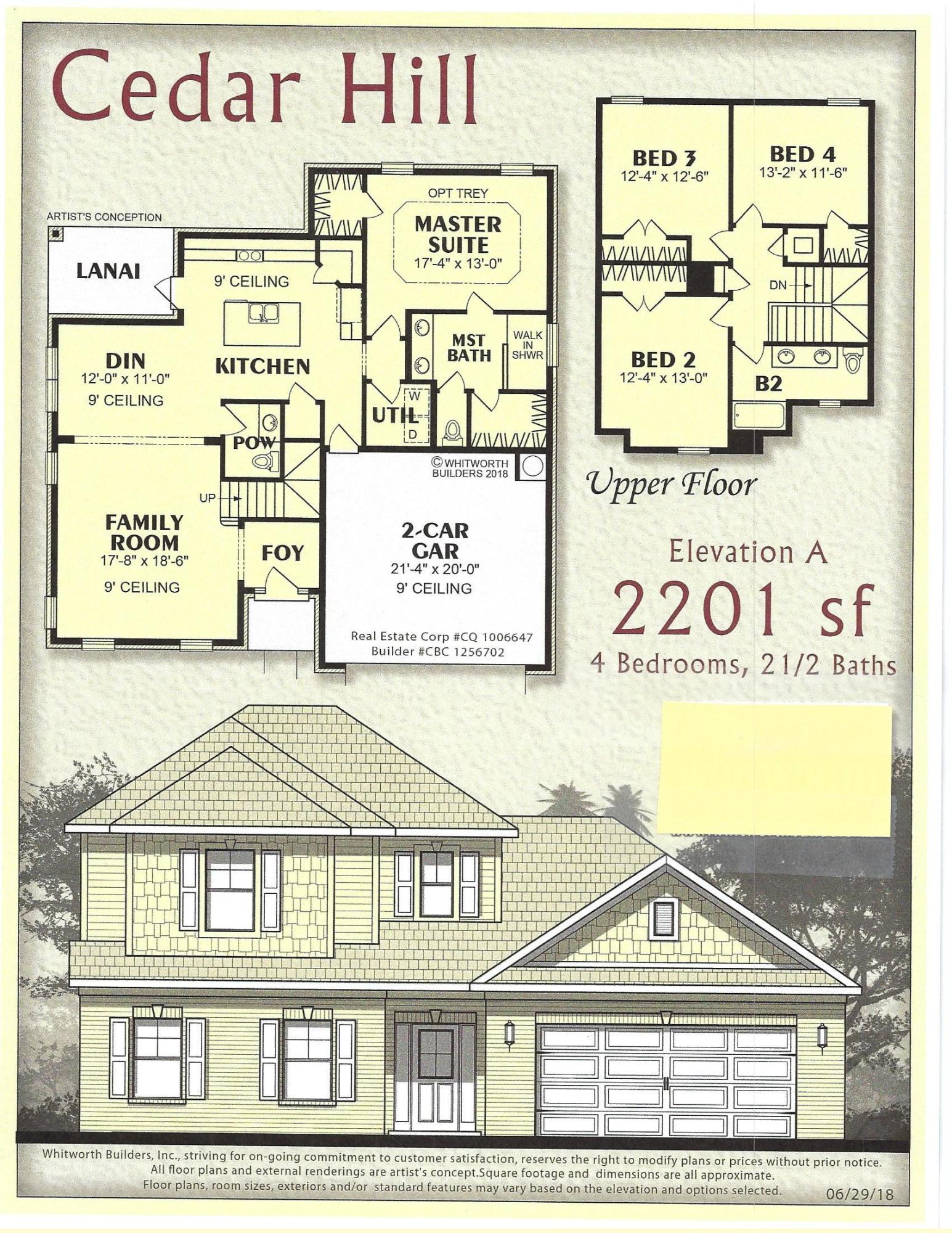 NEW START - Late Fall estimated completion. Cedar Hill features a 2 story plan, 4 Br/2.5 Ba and 2 Car Garage * Master Bath: Signature Walk in Tile Shower, Tile Flooring, Separate Soaking Tub, Dbl Vanities & 1 large Walk-in Closet* Luxury Wood look Vinyl Plank in Wet Areas/Family Room * Carpet in Bedrooms * Kitchen has Granite Counter tops & Stainless Steel Appliances * 2x6 exterior walls & Covered Rear Lanai *