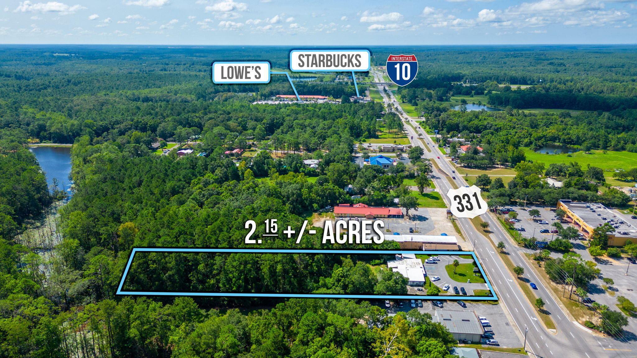 Prime 2.15 +/- acres with office space across from Walmart on 331 South. This parcel has 120' of highway frontage on Highway 331 S which sees an incredible amount of traffic year-round. DeFuniak Springs is a growing city with new developments and businesses nearby such as Starbucks and Chic-fil-a. The office building has been home to a CPA's office for many years. Property is zoned C-2 Commercial General.